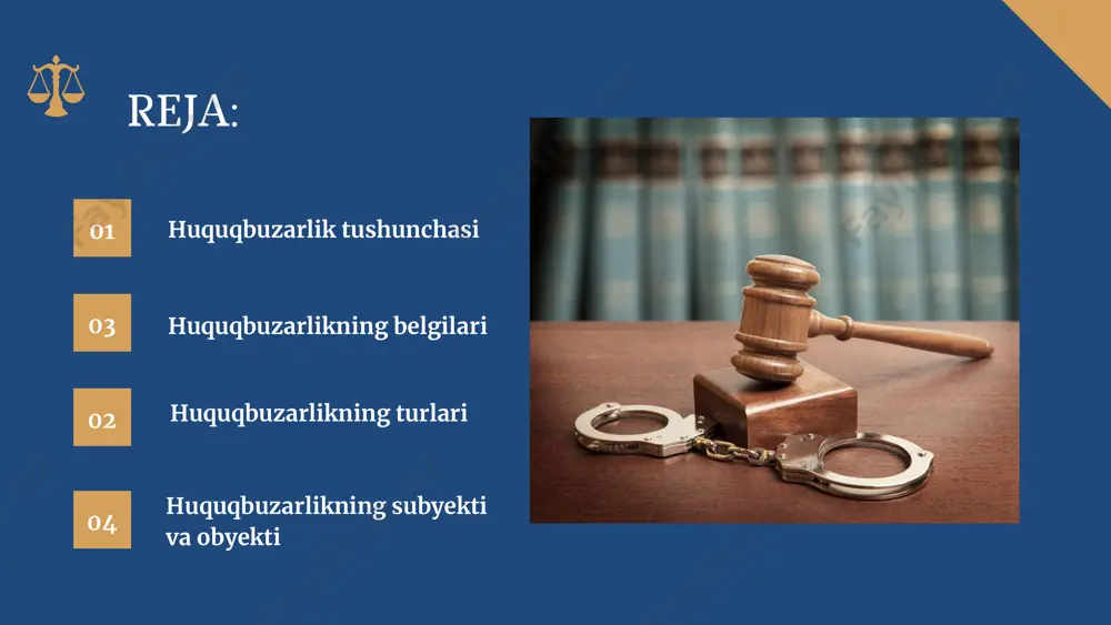 iga qarshi qonunga xilof harakat (yoki harakatsizlik) natijasida yetkazilgan zarar. masalan: bir shaxsdan qarz olib, uni vaqtida qaytarmaslik; shartnomalarni, majburiyatlarni bajarmaslik va boshqalar. jinoiy huquqbuzarlik jinoiy huquqbuzarlik — jinoyat sodir etish, ya’ni o‘g‘rilik, talonchilik, odam o‘ldirish, ichki ishlar xodimiga qarshilik ko‘rsatish va boshqalar. ma’muriy huquqbuzarlik ma’muriy huquqbuzarlik — qonunga binoan ma’muriy javobgarlikka tor tish nazarda tutilgan, fuqarolarga, tabiiy muhitga nisbatan (qasddan yoki eh ti yotsizlikdan) sodir etilgan harakat yoki harakatsizlik. masalan: mayda be zo rilik; yo‘l harakati va transport vositalaridan foydalanish qoidalari; pas port tizimi va qayd etish qoidasi (harbiy va pasportni ro‘yxatdan o‘t kazish qoidalari); elektr energiyasidan foyda la nish qoidalarini buzish, atrofmu hit ni, tarixiy va madaniy yod gor liklarni muhofaza qilish sohasidagi hu quq buzarliklarni olish mum kin huquqbuzarlikning subyekti huquqbuzarlikning subyekti bo’lib, huquqbuzarlikni sodir qilgan o’z qilmishlarining oqibati uchun yuridik javobgarlik o’tay oladigan (delikt layoqatiga ega) yuridik va jismoniy shaxslar hisoblanadi. subyektlarning xususiyatari huquqbuzarlikning turiga bog’liq …