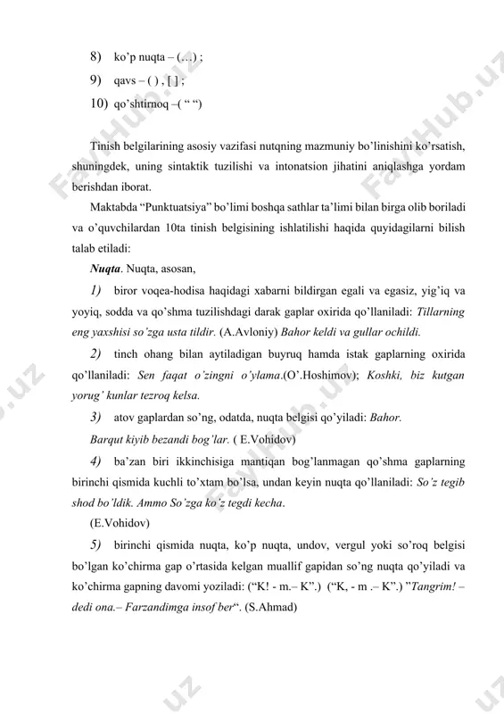 qamlaridan so’ng ham nuqta ishlatilishi mumkin: o’zbek she’riyatini bu ikki shoirsiz tasavvur qilib bo’lmaydi: 1. a. oripov. 2. e. vohidov. 10) oy, kun, yillarni ifodalovchi arab raqamlardan so’ng nuqta qo’yilishi kuzatiladi. masalan, 21.03.2020. 11) qavs ichidagi remarkadan so’ng nuqta ishlatiladi: qilichbek: xo’jayin, hammasi tayyor bo’ldi. (ularni topolmay hayron bo’ladi.) (e.vohidov) vergul. vergul, odatda, 1) bog’lovchilarsiz, sanash ohangi yordamida birikkan uyushiq bo’laklar orasida qo’llaniladi: donolar ko’zingni, qulog’ingni, qalbingni yomonliklardan berkitish zarurligini uqtirishadi. 2) qo’shma gap yoki uyushiq bo’laklar tarkibidagi zidlov bog’lovchilaridan oldin vergul qo’llaniladi: sizning yuzingizdan chimmatni oldik, biroq hayo pardasini olganimiz yo’q. (a.oripov); qor – oppoq, chiroyli, ammo sovuq narsa.; 3) takror qo’llanilgan bog’lovchilar bilan bog’langan bo’laklar yoki gaplar orasida vergul qo’llaniladi: o’zingni ham, uyingni ham o’zing asra. (i.karimov); o’ldimi, uxladimi, endi baribir unga. (h.olimjon) 4) odatda, ajratilgan bo’laklarning har ikki tomonidan vergul qo’yiladi: tuvada, enasoy bo’yida, yalanglikka ulkan ustun qo’yilgan. (a.oripov) 5) undalmalarli gaplarda: a) undalmalar gap boshida kelsa, …