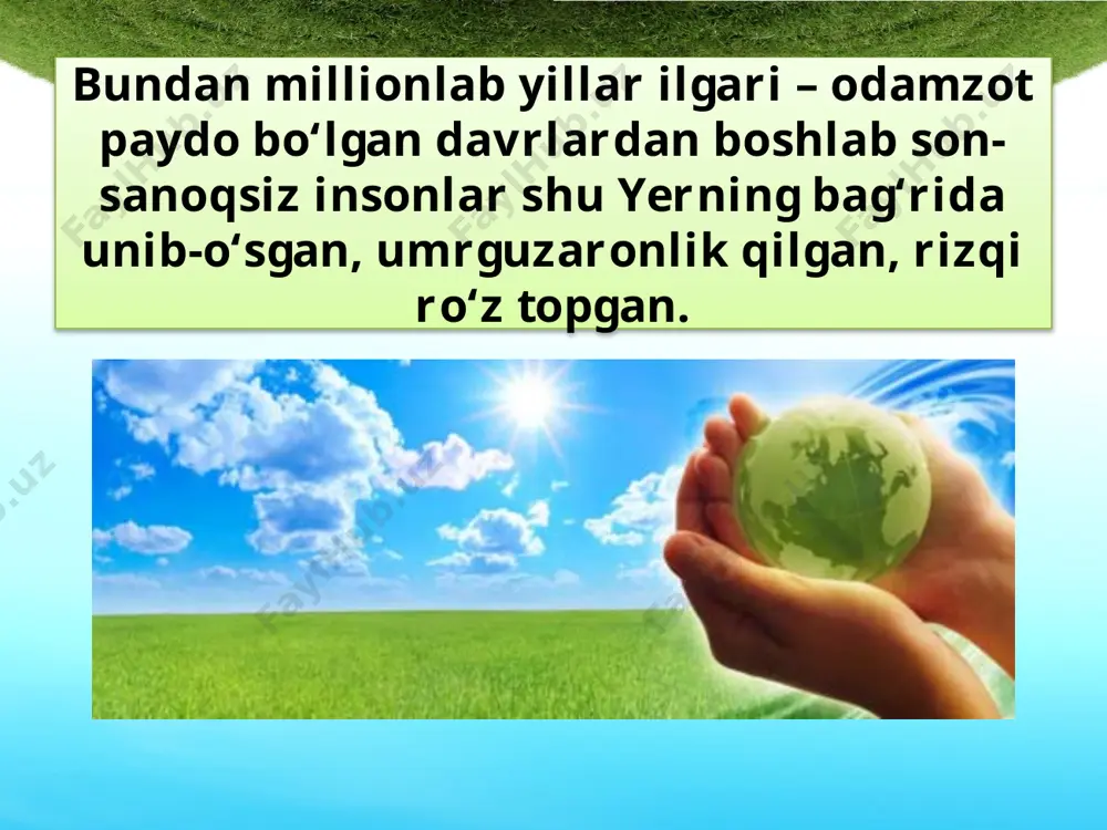 asalalariga alohida e’tibor qaratadi. ekologik madaniyat qator omillar asosida shakllanadi. tabiatga muhabbat, u haqdagi bilim va tasavvurlar, ekologik tarbiya, an’ana va qadriyatlar, ekologik targ‘ibot shular jumlasidandir. odamning uyda, ishxonada dimiqqan, toliqqan ruhi tabiat bag‘riga chiqqach, birdan yengil tortadi, yangilanadi, yashnaydi. yer yuzidagi iqlimlar, qit’a va materiklar, okean hamda dengizlar, tog‘lar va vulqonlar, hayvonot va o‘simliklar olami haqida aniq bilimlarga ega bo‘lib boramiz. bugungi kunda yer yuzida shunday murakkab ekologik muammolar paydo bo‘lmoqdaki, ular nafaqat ayrim davlatlar, balki butun insoniyatning kålgusi hayotini, odamzot tirikligini jiddiy xavf ostida qoldirishi mumkin mintaqamizdagi ekologik muammolardan eng kattasi, bilasizki, orol dengizining qurishi bilan bog‘liq. orolbo‘yi hududida yashovchi aholini har jihatdan muhofaza qilish borasida ko‘plab chora-tadbirlarni ko‘rmoqda. savol va topshiriqlar: 1. insonni nima uchun tabiat farzandi deb ataymiz? 2. odamlarning tabiat bag‘riga talpinishi ularda qanday xususiyatlar borligini ko‘rsatadi? 3. ekologik madaniyat qanday bilim va ko‘nikmalar evaziga hosil bo‘ladi? 4. keyingi paytlarda ekologik muammolarning keskin ko‘payishiga nimalar …