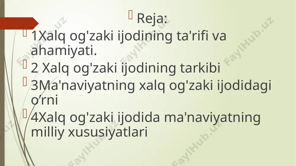 a, xususan sevgi, dard, hayot, tabiat va boshqa ijtimoiy masalalarda kuylanadi. 3. maqollar va hikmatlar – hayotdagi ko'plab vaziyatlar va tajribalarga oid qisqa, lekin ma'noli iboralar bo'lib, ular odatda ma'naviy va axloqiy saboqlar beradi. 4. hikoyalar va afsonalar – xalqning tarixiy va afsonaviy qahramonlari haqida og'zaki tarzda so'zlab berilgan qisqa voqealar. bu asarlar xalqning dunyoqarashi, qadriyatlari, urf-odatlari haqida ma'lumot beradi. 5. topishmoqlar – aql-zakovati va diqqatni talab qiladigan qisqa savollar bo'lib, ular ko'pincha ma'nolarni yashirish va tashabbuskorlikni rivojlantirish uchun ishlatiladi. 6. navoiylar – xalq og'zaki ijodida keng tarqalgan, qisqa, odatda axloqiy hikmatlarni o'z ichiga olgan iboralar.z 7. tabiat va yil fasllari haqida izohlar – xalq tabiat va fasllarning o'ziga xos xususiyatlari haqida og'zaki ravishda o'rgatgan o'ziga xos izohlar, ularning inson hayotiga ta'sirini tushuntiradi. bu turlar xalq og'zaki ijodining xilma-xilligini va uning xalqning ruhiy, axloqiy, tarixiy merosini saqlashdagi muhim ahamiyatini ko'rsatadi. maʼnaviyat xalqning madaniy va axloqiy qadriyatlar majmuasi sifatida insoniyat hayotining …