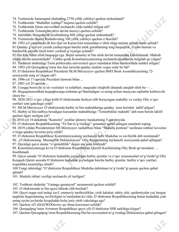 ikasida saylovlar kim tomonidan tashkil qilinadi? 45. o‘zbekiston respublikasida necha yoshga to‘lgan shaxslar saylash huquqiga ega? 46. o‘zbekiston respublikasida necha yoshdan kam bo‘lmagan fuqarolar prezidentlikka saylanishi mumkin? 47. o‘zbekiston respublikasida necha yoshga to‘lgan fuqarolar oliy majlisga saylanishi mumkin? 48. o‘zbekiston respublikasida necha toshga to‘lgan fuqarolar viloyat, tuman, shahar kengashlariga deputatlikka saylanishi mumkin? 49. “o‘zbekiston havo yo‘llari” milliy aviakompaniyasi qachon tashkil etiladi? 50. toshkent shahrida metrosining 6 ta bekatdan iborat yunusobod liniyasi qachon ishga tushirildi? 51. “navoiy-uchquduq-sulton uvaystog‘-nukus” temir yo‘li qachon ishga tushrilgan edi? 52. o‘zbekistonda yangi davlat va jamiyat qurishning beshta tamoyili (“o‘zbek modeli”)ga kirmaydigan javobni toping. 53. o‘zbekistonda toshkent-samarqand yo‘nalishida “afrosiyob” tezyurar poyezdi qachon ishga tishirildi? 54. tolerantlik –... 55. o‘zbekiston avtomobil transporti agentligi negizida o‘zbekiston respublikasi transport vazirligi qachon tashkil etildi? 56. narx-navo umumiy darajasining oshishi, real tovarlar takliflariga nisbatan pul massasi ortib, pulning qadr-qimmati va xarid qobiliyatining pasayib ketishi iqtisodiyotda qanday ataladi? 57. iqtisodiyotda daromad keltiradigan yoki …