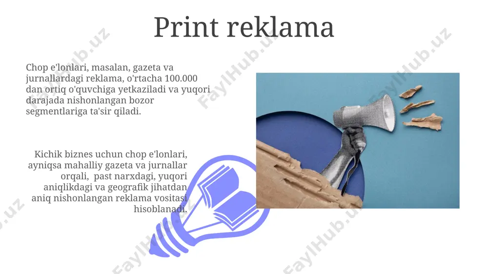 veb-saytlar, ijtimoiy tarmoqlar va mobil ilovalar orqali 80% dan ortiq auditoriyani qamrab oladi. out-of-home reklama katta formatli plakatlar (billboardlar) va transportida joylashtirilgan reklamalar kabi an'anaviy ooh formatlari hanuzgacha yuqori ta'sirchanlikka ega bo'lib, keng auditoriyani qamrab oladi. ooh reklama, yoki tashqi reklama, 2023 yilda global miqyosda 40 milliard dollardan ortiq daromad keltirgan va raqamli ekranlarning tez rivojlanishi tufayli o'sishda davom etmoqda. reklama samaradorligini o'lchash 01 02 reklama samaradorligini o'lchashda konversiya stavkalari (masalan, veb-saytga tashrif buyuruvchilarning foiz nisbati sifatida sotish) muhim ko'rsatkich bo'lib, 5% dan yuqori konversiya yaxshi natija hisoblanadi. sales 1st qtr 2nd qtr 100 0 sales 1st qtr 2nd qtr 100 0 e'tiboringiz uchun rahmat @taqdimot_robot image4.jpg image5.jpg image6.jpg image7.jpg image8.jpg image9.jpg image10.jpg image11.jpg image12.jpg image13.jpg image14.jpg image15.jpg image1.jpeg image2.jpeg image3.jpeg