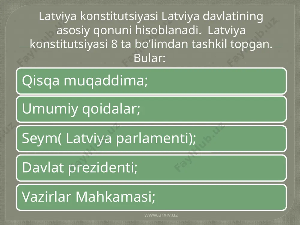 o’lsa, buni 24 soat ichida muhokama qilib, seymga xisobot beradi. latviya vazirlar mahkamasi. www.arxiv.uz 6-bo’lim. sud. 82-modda. sudyalar mustaqil hisoblanadi va faqat qonunga bo’ysunadi. 86-modda. adolatni faqatgina vakolatli organlar tomonidan qonunda belgilangan tartibda amalga oshiradi. www.arxiv.uz 7-bo’lim. davlat kontroli. 87-modda. davlat kontroli mustaqil kollegial muassasalar tomonidan amalga oshiriladi. www.arxiv.uz 8-bo’lim. insonning asosiy huquqlari. www.arxiv.uz 90-modda. har bir shaxs o’zining huquqlarini bilishga haqli. 93-modda. har bir shaxsning yashash huquqi qonun bilan himoya etiladi. www.arxiv.uz 99-modda. har bir shaxsga so’z, fikr va din erkinligi taqdim etiladi. 105-modda. har bir shaxs mulkdor bo’lishga haqli. mulkni jamiyat manfaatlariga qarshi ishlatish mumkin emas. e’tiboringiz uchun raxmat! www.arxiv.uz image2.gif image3.jpeg image4.jpeg image5.jpeg image6.jpeg image7.jpeg image8.jpeg image9.jpeg