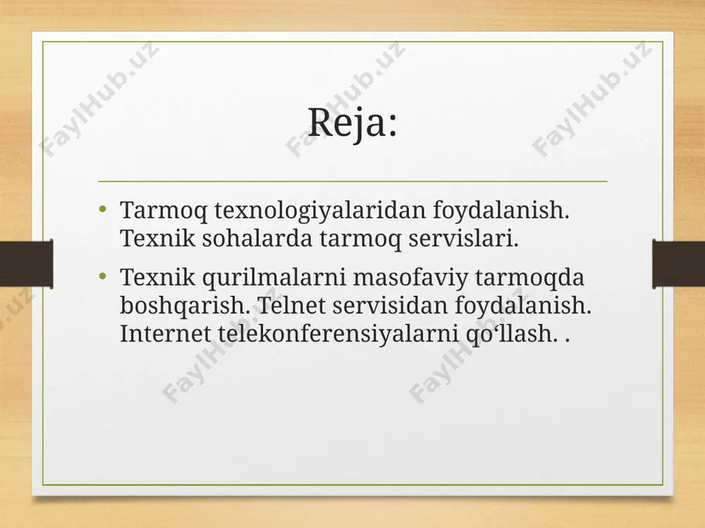 boshqa ko‘pgina topologiyalar shu uchtasidan kelib chiqadi. tarmoq uzellarining kanalga kirish ketma-ketligini aniqlash uchun kirish uslubining o‘zi zarur. kirish uslubi - bu moddiy darajada uzellarni birlashtiruvchi ma’lumotlarni uzatish kanalidan foydalanishni belgilovchi qoidalar to‘plamidir. lokal tarmoqlarida eng keng tarqalgan kirish uslublari ethernet, trken-ring, arenet sanaladi. tarmoq platalari moddiy qurilma bo‘lib, har bir kompyuter tarmog‘iga o‘rnatiladi va tarmoq kanallari bo‘yicha axborot uzatish hamda qabul qilishni ta’minlaydi. texnik qurilmalarni masofaviy tarmoqda boshqarish. telnet servisidan foydalanish. internet telekonferensiyalarni qo‘llash tarmoqni tashkil etishni texnik vositalari. bizga ma’lumki, lokal tarmoq tashkil qilish uchun eng zaruriy qurilmalar: tarmoq kartasi, kabellar hub (yoki switch) va dasturiiy ta’minotdir. hub (switch) qurilmasidan foydalangan xolda kompyuterni tarmoqqa ulash. hublar xonadagi kompyuterlarni bir-biri bilan bog‘lash uchun kerak bo‘lsa, switchlar binolar orasiga qo‘yiladi. bog‘lash uchun qo‘llaniladigan kabellar uzatish muxiti deb yuritiladi. kabellar asosan uchga bo‘linadi: 1. koaksial kabellar (coaxial cable), ular televizion antennaga juda o‘xshash. o‘tkazish tezligi: 10 mbit/sek. asosan bino ichidagi tarmoqni …