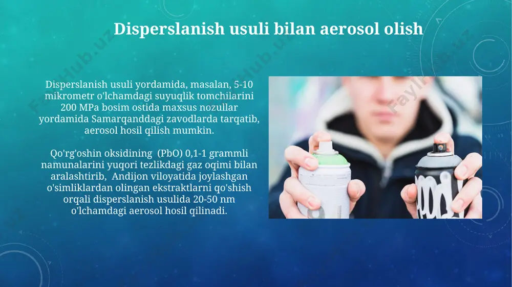 hik zarrachalarning 99,97% ni ushlaydi, bu usul germaniyaning fraunhofer institutida rivojlantirilgan texnologiyalar asosida amalga oshiriladi. aerosollarni ajratishning bir usuli, 10-20 mikrometrli zarrachalarni o'z ichiga olgan havo oqimidan inersial ajratishni o'z ichiga oladi, bu usul aqshning kaliforniya shtatidagi milliy standartlar va texnologiyalar institutida keng qo'llaniladi. ultrasonik disperslash orqali aerosol olish suyuqlikning yuzaki tarangligi va qovushqoqligi kabi fizik xususiyatlari ultratovushli disperslash samaradorligiga ta'sir ko'rsatadi, 10-20 mikrometrli zarrachalar olish mumkin. ultratovushli disperslash usuli dorilarni, xushbo'y moddalarni va boshqa suyuq moddalarni samarqanddagi sanoat korxonalarida aerosol shaklida taqdim etish uchun qo'llaniladi, bu usul 90% dan ortiq samaradorlikka ega. kondensatsiya usuli bilan aerosol olish atmosferadagi suv bug'larining kondensatlanishi natijasida hosil bo'ladigan bulutlar, 10 12 -10 16 dona/sm³ zichlikdagi aerosol zarrachalarini o'z ichiga oladi va bu jarayon yerning iqlimiga ta'sir ko'rsatadi. turli xil moddalarning bug'larini, masalan, 50°c da qaynayotgan etanolni, tez sovutish orqali, toshkent shahridagi zavodlarda sanoat miqyosida aerosol hosil qilish mumkin. e'tiboringiz uchun rahmat @taqdimot_robot image3.png …