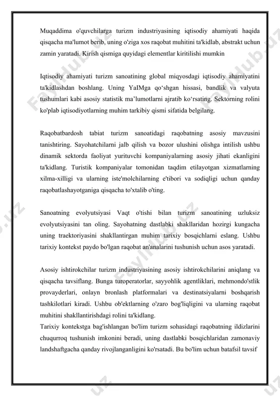 tirish globallashuvning turizmga ta'sirini o'rganing, aloqa va madaniy almashinuvning kuchayishi raqobatni qanday kuchaytirganini ta'kidlang. onlayn bronlash platformalarining ko'tarilishidan tortib, maqsadli marketing uchun ijtimoiy mediadan foydalanishgacha bo'lgan sanoatni qayta shakllantirishda raqamlashtirishning rolini muhokama qiling. texnologiya va raqamli buzilishlar bo'limi texnologik yutuqlarning turizm sektoridagi an'anaviy raqobat landshaftiga chuqur ta'sirini o'rganadi. u raqamli platformalar, ijtimoiy media, virtual haqiqat va katta maʼlumotlar tahlili oʻynaydigan oʻzgaruvchan rolni oʻrganadi. bu bo'lim uchun batafsil tavsif onlayn bron qilish platformalarining ko'tarilishi onlayn bron qilish platformalarining paydo bo'lishini va ularning sayohatchilarning sayohatlarini rejalashtirish va bron qilishni o'zgartirishdagi rolini muhokama qiling. booking.com, expedia va airbnb kabi platformalar an'anaviy turar joy provayderlarining raqobatbardoshligiga qanday ta'sir qilib, an'anaviy tarqatish kanallarini buzganini tahlil qiling. virtual haqiqat tajribasi turizm sanoatida virtual haqiqat (vr) integratsiyasini va uning mijozlar tajribasiga ta'sirini o'rganing. vr virtual sayohatlar, immersive mehmonxona tajribasi va sayohat qarorlariga ta'sir qilishdagi roli uchun qanday ishlatilishini muhokama qiling. ijtimoiy media ta'siri ijtimoiy medianing turistik sektorda …
