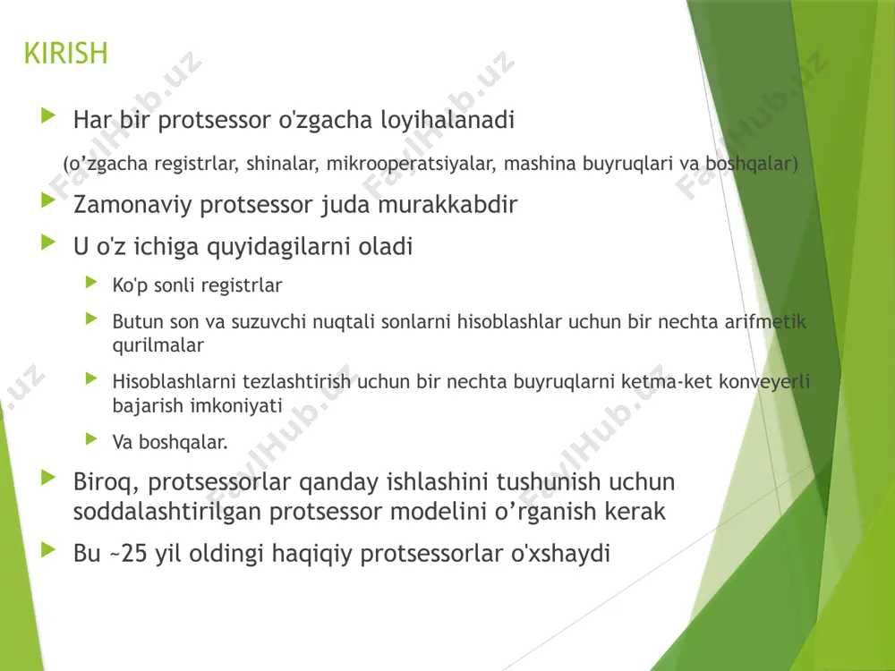 n foydalanishini aniqlash uchun bizga 12 bit kerak bo‘ladi. asosiy kompyuterda ko'rsatmaning 15-biti adreslash rejimini belgilaydi (0: to'g'ridan-to'g'ri manzillash, 1: bilvosita manzillash) xotira so'zlari va shuning uchun ko'rsatmalar 16 bit uzunlikda bo'lganligi sababli, ko'rsatmalarning opcode uchun 3 bit qoladi. ko'rsatmalar kodlari opkod manzil yo'riqnoma formati 15 14 12 0 i 11 manzillash rejimi manzil rejimlari ko'rsatmaning manzil maydoni ikkalasini ham ifodalashi mumkin to'g'ridan-to'g'ri manzil: foydalaniladigan ma'lumotlarning xotirasidagi manzil (operand manzili) yoki bilvosita manzil: foydalaniladigan ma'lumotlar xotirasidagi manzil xotirasidagi manzil samarali manzil (ea) hisoblash tipidagi ko'rsatma uchun operandga kirish uchun o'zgartirishlarsiz to'g'ridan-to'g'ri foydalanish mumkin bo'lgan manzil yoki filial tipidagi ko'rsatma uchun maqsadli manzil sifatida ko'rsatmalar kodlari 0 qo‘shish 457 22 operand 457 1 qo‘shish 300 35 1350 300 operand 1350 + ac + ac to'g'ridan-to'g'ri manzillash bilvosita manzillash protsessor registerlari protsessorda ko'rsatmalar, manzillar, ma'lumotlar va hokazolarni saqlash uchun ko'plab registrlar mavjud keyingi ko'rsatmaning xotira manzilini saqlaydigan registr, dastur hisoblagichi ( pc …
