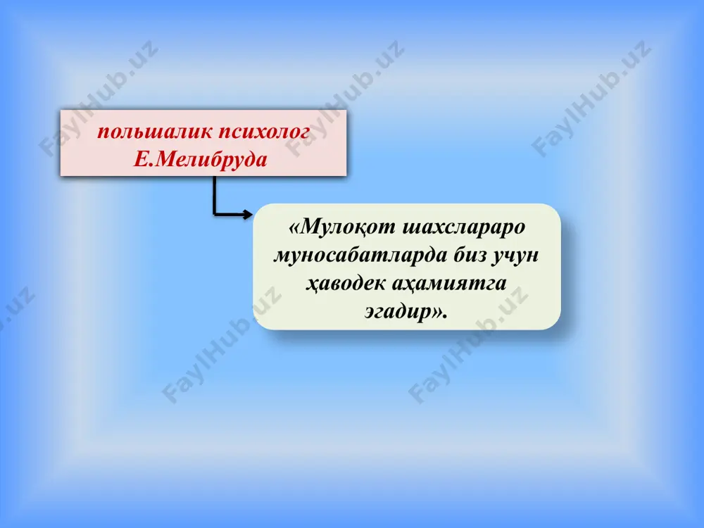 туриб кишилар белгилар орқали бир-бирига таъсир этиши мумкин (инсонлараро ахборот алмашинувида, албатта суҳбатдош хулқ-атворига муайян таъсир ўтказилади); учинчидан мулоқот жараёнида коммуникатор (ахборот юборётган одам) ва реципиент (ахборотни қабул қилаётган одам) бир хил кодлаштириш тизимига эга бўлиши керак тўртинчидан мулоқот жараёнида фақат инсонлараро коммуникацияга хос тўсиқлар вужудга келиши мумкин 9 вербал коммуникация инсон нутқи белгилар тизими сифатида қўлланилади нутқ фаолияти одам томонидан ижтимоий-тарихий тажрибани ўзлаштириш ва авлодларга бериш ёки коммуникация ўрнатиш, ўз ҳаракатла­рини режалаштириш мақсадида тилдан фойдаланиш жараёнидир 10 фаол нутқ сўзловчининг нутқи пассив нутқ тингловчининг нутқи мулоқотнинг коммуникатив акти сифатида қуйидагиларни тасаввур этиш мумкин коммуникатор адресант мулоқот субъекти сифатидаги омил намоён бўлади. рецепиент адересат бу маълумот кимга узатилмоқда маълумот нима узатилмоқда код қандай воситалар асосида мақсад нима учун узатилмоқда алоқа канали овоз, хат, эфир орқали алоқа натижа нимага эришилди. 11 12 г.лассуэл беш унсурдан иборат бўлган коммуникатив жараённинг моделини таклиф этади ким (ахборот ким томонидан узатилмоқда) нима (қандай ахборот узатилмоқда) …