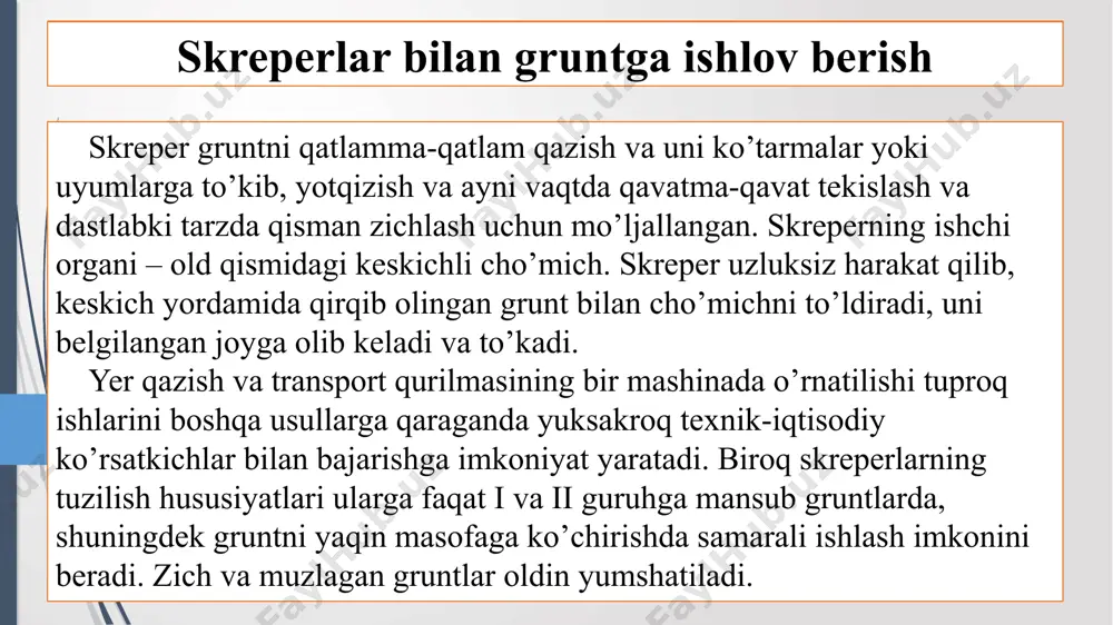h tashish masofasini to’g’ri aniqlash orqali kerakli mashina tanlash ish unumdorligini oshirishning texnologik usullari xulosa skreperlardan samarali foydalanish foydalanish orqali ish tannarxini kamayishiga olib kelish bilan bir qatorda, ish uchun sarflanayotgan vaqtning qisqarishiga bu orqali skreper va boshqa transportlarni bekor qolish ehtimolini qisqartirishga olib kelish mumkin. skreperlar harakatlanishi uchun to’g’ri sxema tanlash orqali ham ish unumdorligini oshirishning tashkiliy usulini yaratish bilan bir qatorda. texnologik usullarda esa skreperning texnologik imkoniyatlaridan kelib chiqgan holda samarali foydalanish imkoniyatiga erishish mumkin. foydalanilgan adabiyotlar o’.xusanxodjayev., g’.davronov., i.axmedov “gidrotexnika ishlarini bajarish” toshkent -2008 www.ziyonet.uz www.aim.uz image1.png image2.png image3.png image4.png image5.png