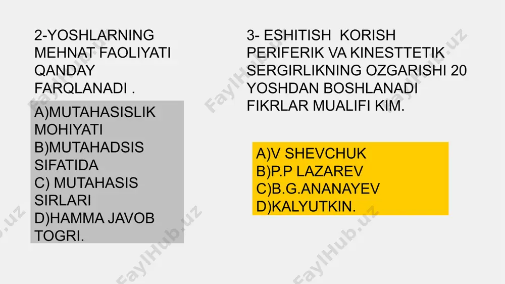 im aytgan. a)d.b.elkoning b)c.s.slavina c)a.r.luriya d)n.x.shivachkin. 15-chet el psixologlari raven, pako kabilar aqliy va mantiqiy qobiliyatning mezoni necha yosh dehisobllaaydilar.? a)30 b)30 c)21 d) 16 1 2. 3. 4. 5. 6. 7. 8. 9. 10 11. 12. 13 14 15 a. d. b. a c. a. c. c. a c. a. c. b. d. b. image1.jpeg image2.jpeg image3.png image4.jpeg image5.jpeg image6.png