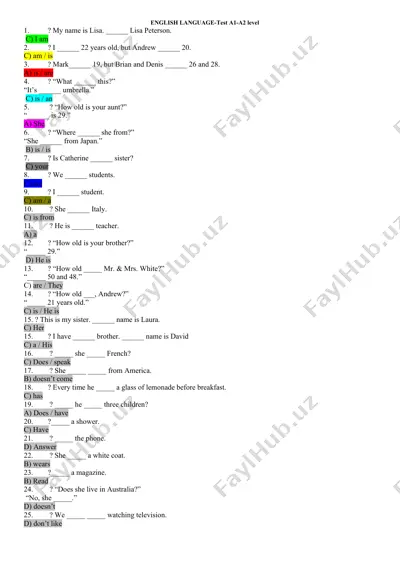 english language-test a1-a2 level — DOCX