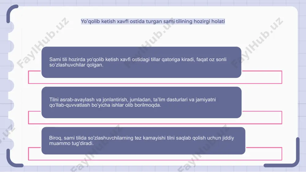ologik afzalliklarga ham ega, chunki bu sami jamoasida tegishlilik va g'urur tuyg'usini rivojlantirishga yordam beradi. sami tilini saqlashda hamkorlik va tarmoq sami tili hozirda ona tilida so'zlashuvchilarning kamayishi va tilni saqlash uchun cheklangan resurslar tufayli xavf ostida. sami jamoatlari va tashkilotlari, shuningdek, hukumat va ta'lim muassasalari bilan hamkorlik sami tilini saqlab qolish uchun juda muhimdir. tarmoqqa urinishlar bilim almashish, resurslarni birlashtirish va tilni saqlashning keng qamrovli strategiyalarini ishlab chiqishga yordam beradi. sami tilining kelajak istiqbollari sami tili xavf ostida, so'zlashuvchilar soni yil sayin kamayib bormoqda. biroq, somiy tilining kelajagiga umid bor, chunki uni asrab-avaylash va targ‘ib qilishga harakat qilinmoqda. ushbu sa'y-harakatlar tilni jonlantirish dasturlari va ta'lim tashabbuslarini o'z ichiga oladi. 1 2 3 xulosa va harakatga chaqirish xulosa qilib aytadigan bo'lsak, yo'qolib ketish xavfi ostida turgan sami tilining omon qolishini ta'minlash uchun shoshilinch choralar ko'rish kerak. qo'llab-quvvatlash va resurslarning etishmasligi tilning pasayishiga yordam berdi. hukumatlar, tashkilotlar va shaxslar sami tilini …