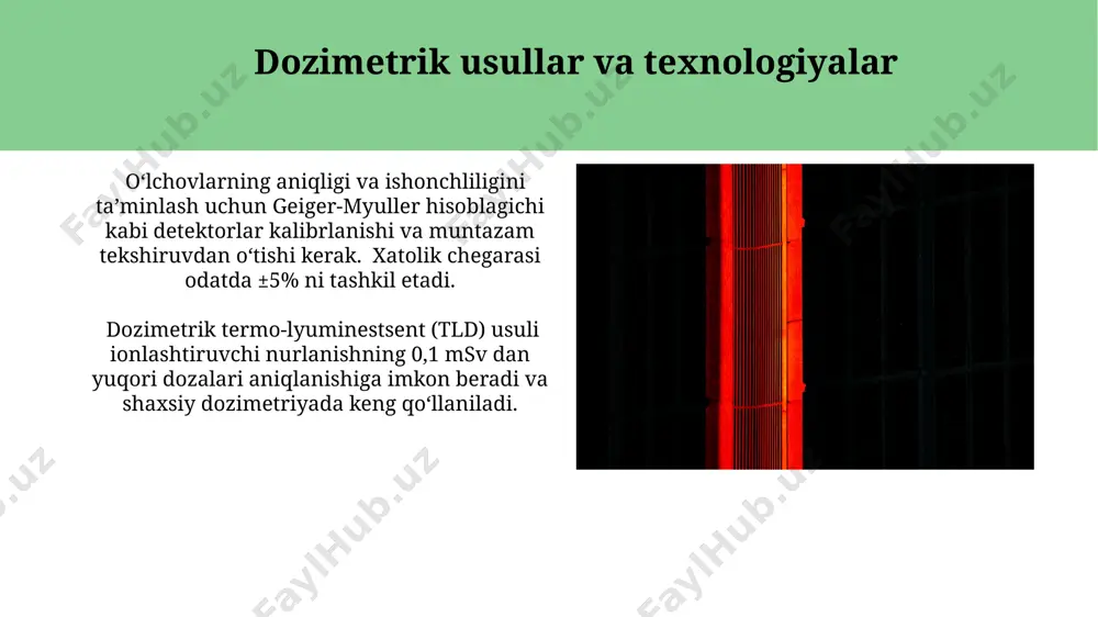 motlarini olish uchun, 1 mev dan 10 mev gacha bo'lgan energiya oralig'ida 100 ta energiya kanallarini ishlatish hisoblash aniqligini ta'minlaydi. turli xil radiatsiya turlarining inson tanasidagi taqsimoti neytron radiatsiyasi inson tanasida turli reaksiyalarni keltirib chiqaradi, shu jumladan yadro reaksiyalarini, to'qimalarga biologik shikastlanish darajasini 10-20% ga oshiradi. alfa-zarralar yuqori ionlashtiruvchi quvvatga ega bo'lib, terining sirt qatlamlarida to'xtaydi, 100 mkm dan oshmaydi, shuning uchun ichki organlarga kamroq ta'sir qiladi. klinik dozimetriya yuqori energiyali fotonlar (1 mev dan yuqori) bilan bog'liq klinik dozimetriyada, chuqurlikdagi dozani aniqlash uchun monte-karlo simulyatsiyasi keng qo'llaniladi. klinik dozimetriyada bemor tanasidagi nurlanishning 100 msv dan yuqori dozalarini aniqlash uchun termoluminestsent dozimetrlardan (tld) foydalaniladi, bu esa o'tkir nurlanish sindromini aniqlashga imkon beradi. tadqiqot natijalari va xulosalar gamma-nurlanishning o'rtacha energiya dozasi alfa-nurlanishga nisbatan 2,5 marta yuqori bo'lib, terining chuqur qatlamlariga ta'sirini 10% ga oshirdi. simulyatsiya natijalari shuni ko'rsatdiki, neytron nurlanishining hujayra shikastlanishiga ta'siri proton nurlanishiga qaraganda taxminan 30% yuqori. e'tiboringiz uchun …