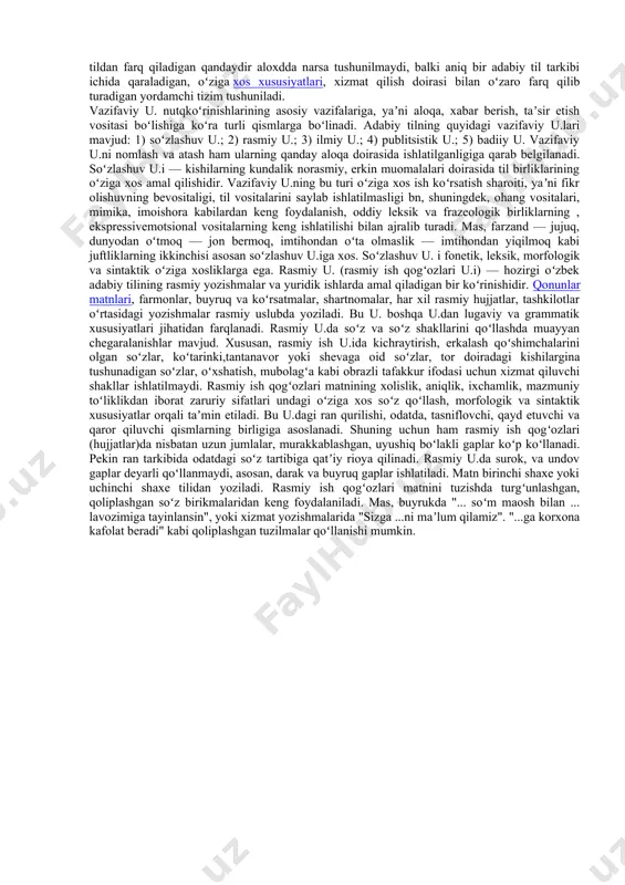 ) nutqi. 4. jamoatchi oqlovchi nutqi. 5. o'z-o'zini himoya qilish nutqi. 4. ijtimoiy-maishiy nutq: 1. madhiya (yubiley yoki maqtov nutqi). 2. ta'ziya (motam nutqi).3. tabrik nutqi (tost). 5. diniy nutq: 1. hutba. 2. va'z. uslubiy xoslangan va uslubiy betaraf so‘zlar adabiy tilning ijtimoiy hayotdagi ma’lum soha doirasiga, ma’lum nutqiy vaziyatga xoslangan ko‘rinishi nutq uslubi hisoblanadi. so‘zlar ma’lun nutq uslubiga xoslanish – xoslanmaslik belgisiga ko‘ra uslubiy xoslangan va uslubiy betaraf so‘zlarga bo‘linadi. ayrim nutq uslubi doirasidagina qo‘llanadigan so‘zlar uslubiy xoslangan so‘zlar, bunday xususiyatga ega bo‘lmagan so‘zlar uslubiy xoslanmagan yoki betaraf so‘zlar deyiladi. tovush, urg‘u, bo‘g‘in, undalma, morfema, omonim, sinonim, uslubiyat kabi qator so‘zlar uslubiy xoslangan so‘zlardir. chunki bu so‘zlar asosan tilshunoslik fani doirasida qo‘llaniladi. osmon, xalq, bayram, o‘quvchi, dars, tushlik, salomatlik, odam kabi so‘zlar barcha nutq uslublari doirasida birdek qo‘llanish imkoniga egaligi sababli uslubiy betaraf so‘zlar qatoriga kiradi. ya’ni, so’zlashuv uslubida ham, kitobiy uslubda ham ishlatiladigan so’zlar uslubiy bеtaraf so’zlar hisoblanadi: …