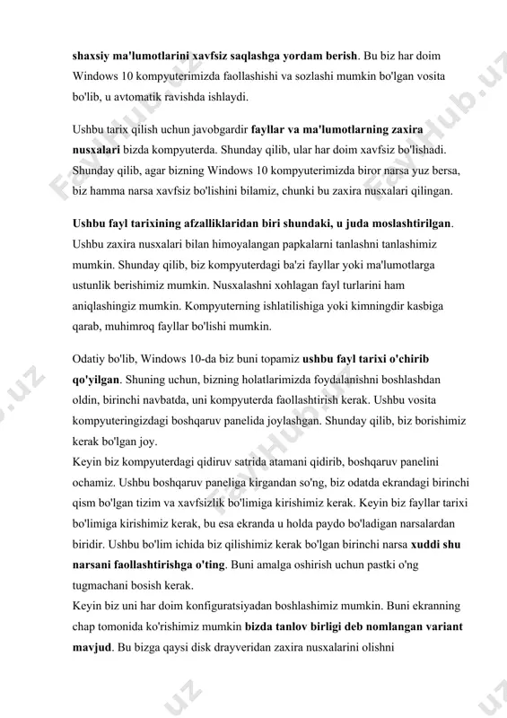 i kompyuterda faollashtirish kerak. ushbu vosita kompyuteringizdagi boshqaruv panelida joylashgan. shunday qilib, biz borishimiz kerak bo'lgan joy. keyin biz kompyuterdagi qidiruv satrida atamani qidirib, boshqaruv panelini ochamiz. ushbu boshqaruv paneliga kirgandan so'ng, biz odatda ekrandagi birinchi qism bo'lgan tizim va xavfsizlik bo'limiga kirishimiz kerak. keyin biz fayllar tarixi bo'limiga kirishimiz kerak, bu esa ekranda u holda paydo bo'ladigan narsalardan biridir. ushbu bo'lim ichida biz qilishimiz kerak bo'lgan birinchi narsa xuddi shu narsani faollashtirishga o'ting. buni amalga oshirish uchun pastki o'ng tugmachani bosish kerak. keyin biz uni har doim konfiguratsiyadan boshlashimiz mumkin. buni ekranning chap tomonida ko'rishimiz mumkin bizda tanlov birligi deb nomlangan variant mavjud. bu bizga qaysi disk drayveridan zaxira nusxalarini olishni xohlayotganimizni tanlashga imkon beradi, shunda ular ushbu fayllar tarixida saqlanadi va biz kompyuterni windows 10 bilan ishlatganda hech qachon ma'lumotlarni yo'qotmaymiz. yoki bu borada biz xohlagan birliklar. keyingi bosqichda o'rnatishga ruxsat beriladi ushbu nusxalarni olishni istagan chastotasi fayllar …