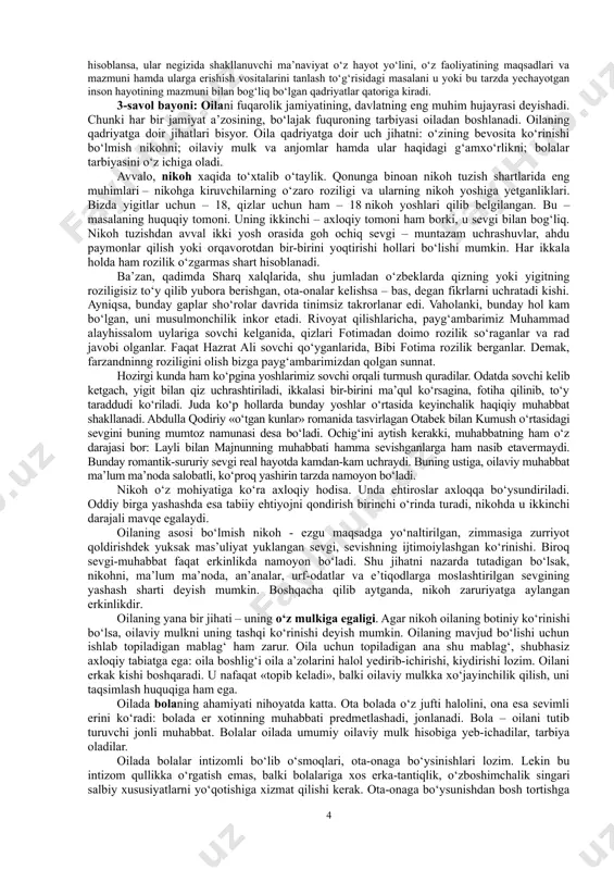 iy merosi predmetlari kiradi. ijtimoiy-siyosiy qadriyatlar – bu ijtimoiy va siyosiy hodisalar, voqealar, siyosiy aktlar va harakatlarning qadriyat sifatidagi ahamiyatidir. ijtimoiy-siyosiy qadriyatlar qatoriga, odatda, siyosiy va ijtimoiy harakatlarda mujassamlashgan ijtimoiy imtiyozlar, shuningdek jamiyatning ravnaq topishi, xalqlar o‘rtasida tinchlik va hamkorlikning mustahkamlanishiga ko‘maklashuvchi tarixiy voqealarning progressiv ahamiyati kiradi. ma’naviy qadriyatlar – bu ijtimoiy ong hodisalarining tegishli shakllarda namoyon bo‘lgan me’yoriy-nisbiy tomoni. fan, axloq, san’at, falsafa, huquq qadriyatlarini ma’naviy qadriyatlar deb hisoblash odat tusini olgan. ma’naviy qadriyatlar qatoriga baxt-saodat, yaxshilik va yomonlik, go‘zallik va xunuklik, adolat va adolatsizlik, huquqiylik va nohuquqiylik, tarixning mazmuni va insonning vazifasi va hokazolar haqidagi me’yoriy tasavvurlar ko‘rinishida ifodalangan ijtimoiy ideallar, mo‘ljallar va baholar, me’yorlar va taqiqlar, harakat prinsiplari kiradi. moddiy qadriyatlar inson ehtiyojlari va manfaatlari ob’ektlari sifatida amal qilsa, ma’naviy qadriyatlar ikki xil funksiyani bajaradi: ular qadriyatlarning mustaqil sohasi va moddiy qadriyatlarni baholash asosi, mezonidir. qadriyatlarni tasniflashning ikkinchi asosi – sub’ektlarga ko‘ra individual shaxsiy (sub’ektiv-shaxsiy), gruppaviy (milliy,sinfiy), …