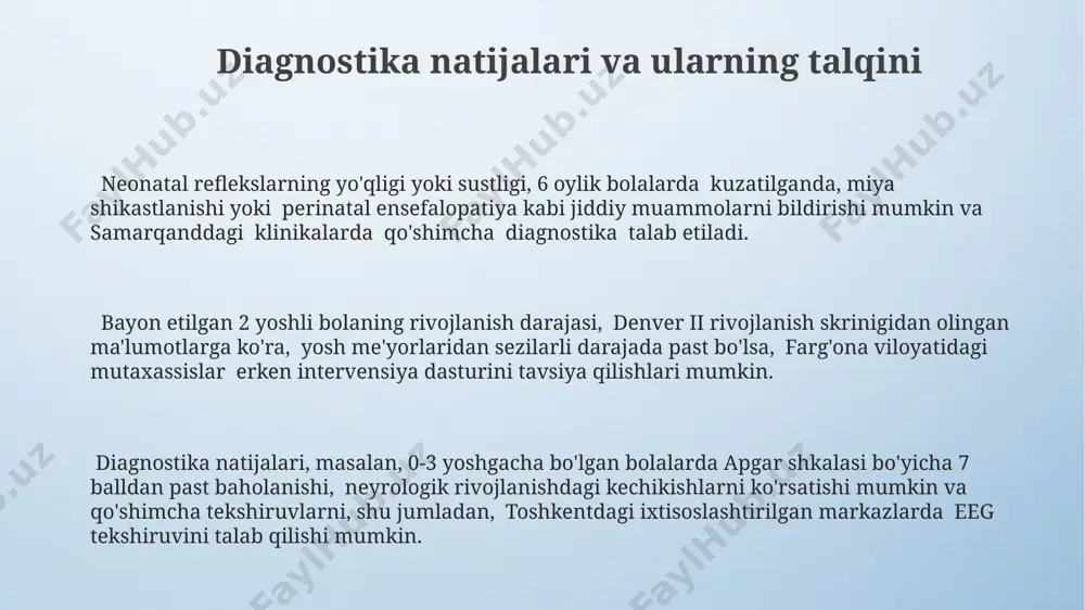 'zbekistondagi tug'ruqxonalar va bolalar poliklinikalarida chaqaloqlarning psixomotor rivojlanishini kuzatish va erta aniqlash uchun 1 yoshgacha bo'lgan bolalar uchun mo'ljallangan maxsus skriнинг testlari qo'llaniladi, bu esa rivojlanishdagi nuqsonlarni o'z vaqtida aniqlashga yordam beradi. 18 oylik chaqaloqning psixomotor rivojlanishi, masalan, mustaqil yurish, buyumlarni o'z o'rniga qo'yish, oddiy topshiriqlarni bajarish kabi ko'rsatkichlar orqali baholanadi va bu rivojlanishning normal chegaralarini aniqlashga yordam beradi. 0-3 yoshgacha bo'lgan chaqaloqlarning psixomotor rivojlanishini baholashda, gesell shkalasi kabi standartlashtirilgan testlardan foydalaniladi, bu esa bolaning harakatlanish, manipulyatsiya qilish va muvofiqlashtirish ko'nikmalarini 5 ball shkalasi bo'yicha baholash imkonini beradi. nevropsixologik tekshiruvlar chaqaloqlarning neyropsixologik rivojlanishini baholashda 5 ta asosiy ko'rsatkich, jumladan, vosita funksiyalari, idrok qilish, diqqat va xotira, 3-6 oylik davrda aniqlanadi va bu ko'rsatkichlarning kechikishi almati shahridagi mutaxassislar tomonidan tahlil qilinadi. neyropsixologik tekshiruvlar natijalariga ko'ra, chaqaloqlarning 10% da rivojlanishning kechikishi aniqlangan va samarqanddagi reabilitatsiya markazlarida maxsus dasturlar yordamida muolajalar amalga oshiriladi. nevropsixologik tekshiruvlar 2 yoshgacha bo'lgan chaqaloqlarda miya faoliyatining rivojlanishini baholash …