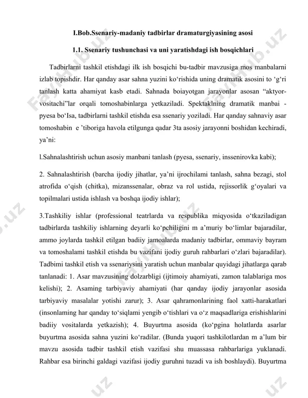 asarlar buyurtma asosida sahna yuzini ko‘radilar. (bunda yuqori tashkilotlardan m a’lum bir mavzu asosida tadbir tashkil etish vazifasi shu muassasa rahbarlariga yuklanadi. rahbar esa birinchi galdagi vazifasi ijodiy guruhni tuzadi va ish boshlaydi). buyurtma asosida degan tushunchani kengroq ma’noda olib qarash maqsadga muvofiqdir. hukumat tomonidan chiqarilgan qaror,farmon va boshqa hujjatlar ijrosini ta’minlashda hozirjavob boiish talab etiladi. quyida anashunday topshiriqlami bajarishga qaratilgan hujjat bilan tanishtiramiz: tashkent shahar hokimiyatiga toshkent shahar madaniyat va sport ishlari bosh boshqarmasi 0 ‘zbekiston respublikasi madaniyat va sport ishlari vazirligining 2013-yil 31-dekabrdagi “0‘zbekiston xalq shoiri muhammad yusuf tavalludining 60 yilligini nishonlash to‘g‘risida”gi 1345-sonli buyrug‘i, toshkent shahar hokimligining 2013-yil 31-dekabrdagi “0 ‘zbekiston respublikasi prezidenti 2013-yil 27-dekabrdagi pq-2102-sonli qarori ijrosi to‘g‘risida”gi 1071-sonli qarori, 2013-yil 31 -dekabrdagi 45/24-sonli, 2014-yil 9-yanvardagi21/36-sonlihamda2014-yil 17-yanvardagi 23/18-sonli xatlariga asosan quyidagilami ma’lum qiladi: bosh boshqarma tizimidagi madaniyat va aholi dam olish markazlari tomonidan “muhammad yusuf tavalludining 60 yilligi”ga bag‘ishlab o‘tkaziladigan madaniy-ma’rifiy hamda sport tadbirlari rejasini yo‘llaydi. …