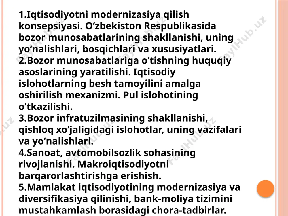 y o'sishni ta'minlash uchun muhim ahamiyatga ega bo'ldi. xususiy mulk huquqi: xususiy mulkchilikni shakllantirish uchun 1991 yilda qabul qilingan birinchi qonunlar davlat mulkini xususiylashtirish va yangi mulkchilik shakllarini yaratishga qaratilgan edi. bu jarayon xususiy mulkchilikni kuchaytirish va bozor iqtisodiyotiga o'tishni ta'minlashga xizmat qildi. xususiylashtirish jarayoni: xususiylashtirish jarayoni davlat mulkini xususiy sektorga o'tkazishga oid dasturlar orqali amalga oshirildi. bu jarayon davlat korxonalarini taglik va sotish orqali xususiylashtirishni o'z ichiga oldi. bepul iqtisodiy zonasining tashkil etilishi: o'zbekistonda iqtisodiy zonalar tashkil etilib, u yerda xususiy mulk va ishbilarmonlik faoliyatini rag'batlantirish maqsadida turli imtiyozlar va qulayliklar taqdim etildi. bozor munosabatlarining rivojlanishi savdo va xizmatlar sohasini rivojlantirish: bozor munosabatlarining rivojlanishi savdo va xizmatlar sohasida yuqori raqobatni ta'minlashga olib keldi. savdo tizimining modernizatsiyasi va onlayn savdo imkoniyatlarining qo'shilishi iqtisodiyotga yangi nafas berdi. investitsiyalarni jalb etish: xususiy mulkchilik yo'lida investitsiyalarni jalb etish juda muhim ahamiyatga ega. o'zbekistonning iqtisodiy islohotlari investitsion muhitni yaxshilashga qaratilgan dasturlarni yaratdi. bozor infratuzilmasi: …