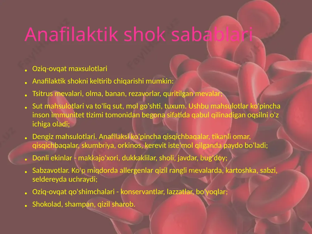 buning uchun 1 ml adrenalinga 10 ml fiziologik eritma qo'shiladi, preparat bir necha daqiqa davomida tomir ichiga sekin yuboriladi. shuningdek, 3-5 ml suyultirilgan adrenalin ham til ostiga, ya'ni til ostiga yuborilishi mumkin, bu joyda qon aylanish tarmog'i boy, buning natijasida dori butun tanaga tez tarqaladi. suyultirilgan adrenalin, shuningdek, in'ektsiya joyini yoki hasharotlar chaqishi joyini chiplash uchun ishlatiladi; glyukokortikosteroidlarni joylashtirish. deksametazon ham zarbaga qarshi xususiyatlarga ega. katta yoshli bemorlar uchun prednizolon 90-120 mg, deksametazon 12-16 mg dozada qo'llaniladi; antigistaminlarni qabul qilish. shok rivojlanishi davrida, mushak ichiga in'ektsiya difengidramin yoki tavegil. kislorod inhalatsiyasi. bemorga 40% namlangan kislorod daqiqada 4-7 litr tezlikda yetkaziladi. nafas olish faoliyatini yaxshilash. agar aniq alomatlar bo'lsa nafas olish etishmovchiligi, metilksantinlar qo'llaniladi - eng mashhur dori 2,4% eufillin. vena ichiga 5-10 ml miqdorida kiriting; o'tkir oldini olish uchun qon tomir etishmovchiligi kristalloid (plasmalit, sterofudin, ringer) va kolloid (neoplasmagel, gelofusin) eritmalari bilan tomchilarni tayinlang; o'pka va miya shishishini oldini olish …