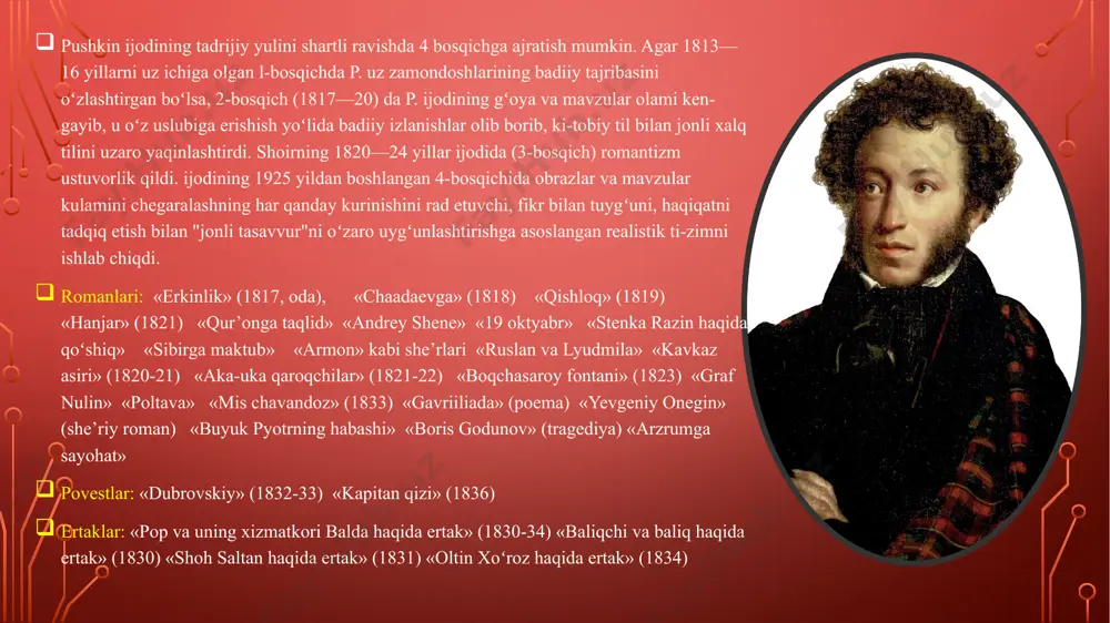 iylikni mahorat bilan tasvirlash ustuvorlik qilgan. * romantizm asar turi liro-epik muammo ma’naviyatning yetishmasligi, tarbiya, ta’lim savollari mavzu dvoryan yoshlarining hayoti tasviri g’oya qahramon xarakteriga sabab bo’luvchi ijtimoiy-umumiy va madaniy omillar asarning tematik tasnifi asarni qamrab olgan mavzulari o’sha davr hayot ma’nisi ( oneginning hayot pozitsiyasi atrofidagilar uchun tyshunarsiz bo’lgan sevgi mavzusi: romanda ikinchi o’rinda turadigan mavzu do’stlik va sodiqlik: (vladimir lenskiy chinakam do’stlik va sadoqatga ishonadi, onegin esa teskarisi) tarbiya va yashash tarzi ijtimoiy-psixologik yevgeniy oneginning ijodiy yaratilish tarixi asarning yaratilgan vaqti: 1823-yil 9-may. 7 yil davomida (1823-1830) yozilgan. pushkinning chamasi bo’yicha roman10 bobdan iborat bo’lishi kerak edi (qaysiki: dekabristlar harakati boshlanishini ham o’z ichiga olgan) .8 bob 1833-yilda 8 bobdan tashqari pushkin “onegin sayohatlaridan parchalar” qismini yozadi. 1830-yilda pushkin 10-bobni yozadi. ammo avtor bu bobning qo’lyozmasini yoqib yuboradi. hozirgi kungacha qoramalardan alohida qismlar yetib kelgan. shuning uchun ham zamonaviy ko’rinishida oxirgi ikki bob kiritilmagan. boblar bo’yicha ijodiy tarixi …