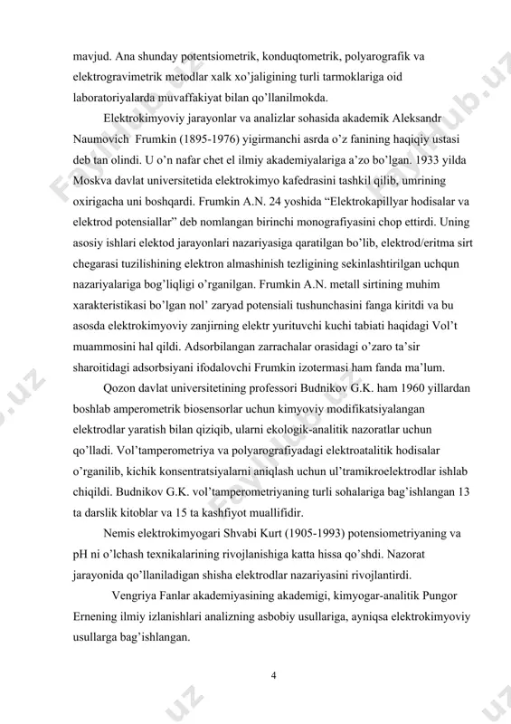 yoviy analiz usullari uchun asboblar yaratish, o’lchov jarayonlarini va ma’lumotlarini qayta ishlashni avtomatlashtirish, analizning aniqligi, selektivligi va sezuvchanligini oshirish bo’yicha ko’plab ilmiy ishlar olib borildi. ii.asosiy qism. 2.1 elekrokimyoviy analiz metodlari. analizning elеktr-kimyoviy usullari tеkshirilayotgan eritmada sodir bo’ladigan elеktr-kimyoviy xodisalarning elеktr-kimyoviy paramеtrlarini o’lchashga asoslangan. bu paramеtrlar ichiga elеktrodlar botirilgan tеkshiriluvchi eritmali idish-elеktrokimyoviy yachеyka yordamida o’lchanadi. elеktrokimyoviy usullar analiz jarayonida o’lchanuvchi paramеtrlarning turiga qarab sinflarga bo’linadi. umumiy xolda elеktr-kimyoviy usullar ikki guruxga bo’linadi: 1. tashqaridan potеntsial bеrilmaydigan usullar, ular elеktrodlar bilan tеkshiriluvchi eritma solingan idishdan iborat elеktrokimyoviy yachеykada vujudga kеladigan potеntsiallar ayirmasini o’lchashga asoslangan. bu guruxga oid usullar potеntsiomеtrik usullar dеb ataladi. potеntsomеtrik usullarda elеktrodlar muvozanat potеntsiallarining elеktrodlardagi elеktrokimyoviy rеaktsiyalarda ishtirok etuvchi ionlar kontsеntratsiyasiga bog’lіqligidan foydalaniladi. 2. qo’shimcha potеntsial bеriladigan usullar, ular quyidagilarni o’lchashga asoslangan: a) eritmalarning elеktr o’tkazuvchanligini o’lchash konduktomеtriya b) eritmadan o’tgan elеktr miqdorini o’lchash-kulonomеtriya; v) tok qiymatining bеrilgan potеntsialga bog’liqligini o’lchash-voltampеrmеtriya. analizning elеktrokimyoviy usullari modda kontsеntratsiyasini 1,0 dan …