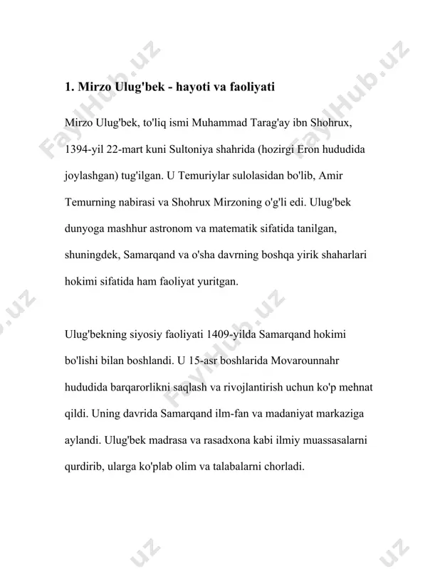 -1429-yillarda qurilgan. ushbu rasadxona dunyodagi eng yirik va zamonaviy astronomik kuzatuv markazlaridan biri bo‘lgan. ulug‘bek rasadxonasi joylashgan samarqand shahri o‘sha davrda ilm-fan va madaniyat markazi sifatida tanilgan. ushbu rasadxona orqali ulug‘bek va uning yordamchilari ko'plab astronomik o'lchovlarni amalga oshirgandilar. ulug'bekning eng mashhur ilmiy asari "zij-i ko'ragoniy" yoki "ulug'bek zij" deb ataladi. bu asar astronomik jadval bo‘lib, 1437-yilda nashr etilgan. zijda turli sayyoralar, yulduzlar va ularning joylashuvi haqida aniq ma'lumotlar berilgan. ushbu jadvalning aniqligi shunchalik yuqori ediki, ayrim hisoblamalar xviii asrgacha o‘z ahamiyatini yo‘qotmagan. ulug'bek zijida 1018 ta yulduzning koordinatalari va porlashi keltirilgan edi. ulug‘bekning ilmiy ishiga asoslangan xulosalar faqat markaziy osiyo emas, balki islom dunyosining boshqa mintaqalariga ham tarqaldi. uning zijiga yevropa olimlari katta qiziqish bildirishgan va uni o'rganishgan. ulug'bek o‘z davrida matematikani rivojlantirishda ham katta hissa qo'shgan. u trigonometrik funksiyalar, sinus va kosinus qadriyatlarini aniq o‘lchashda muvaffaqiyatga erishgan. ulug'bekning zamondoshlari va keyingi avlod olimlari uning ilmiy merosidan keng foydalanganlar. …