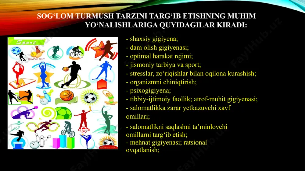 dagi faollik kunduzi ortadi, kechasi susayadi. bordi-yu, biz shu tartibga boʼysunmay faqat ovqat yeyish, ichkilikbozlik va turli nomaqbul ishlar bilan band boʼlsak, bunday holat sogʼligʼimizga katta zarar yetkazadi. shuningdek, ish kuni, dam olish vaqti toʼgʼri rejalashtirilgan boʼlishi kerak. ratsional hordiq qisqa vaqtlik, yaʼni kun davomida hamda har kunlik (kamida 1 soat, uyqudan tashqari), har haftalik (dam olish kunlari aqliy mehnatdan holi boʼlishi kerak) hamda har yillik (kamida 3-4 hafta tiklanish uchun aqliy mehnatdan butunlay holi boʼlishi kerak), boʼlishi kerak. ruhiy osoyishtalik yoki asabiy muvozanatni taʼminlash. inson organizmining meʼyoriy faoliyati uning ruhiyati qay darajadaligiga bog‘liq. odamning ruhan ezilishi og‘ir zo‘riqishlarga olib keladi. ruhiy zo‘riqishlar natijasida kishilarda gipertoniya, stenokardiya va miokard infarkti kabi holatlari kelib chiqadi. ruhiy va emotsional salomatlik sog‘liqning umumiy holatini yaxshilashda asosiy o‘rinni tutadi. insonlar o‘zlarini yuqori baholay oladigan, yaxshi munosabatlarni rivojlantira oladigan, o‘ziga ishongan shaxs sifatida yetishishiga ko‘maklashuvchi sog‘lom, xotirjam va faollikka yetaklovchi muhitda yashashga intilishlari darkor. ichkilikbozlik, …