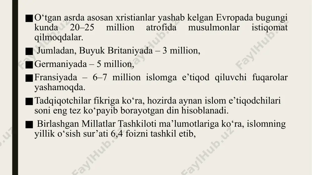 оламида секуляризация жараёни ислом оламининг ташқи дунёга ўз эшикларини очишида намоён бўлмоқда. xx аср бошларида бу икки маданият қирраларида ўзаро сингиб кетиш ва ўзаро тушуниш жараёни бошланди. натижада, бир томондан ислом дини ва мусулмонларга нисбатан кўпроқ диний бағрикенглик бўлиш бошланган бўлса, иккинчи томондан эса, мусулмон дунёсига замонавий ғарб жамияти ғоялари ва турмуш тарзи кириб кела бошлади. секуляризм ва давлатни диндан ажратиш ғоясининг ислом динидаги ўрни борасида турли қарашлар мавжуд. масалан, туркиялик олим аҳмад маржон ва иорданиялик диншунос олим бисам ‘али салама ал-‘амуш фикрича, дунёвий давлат бошқаруви ғояси мусулмон дунёқарашидан кўра, кўпроқ христианликка мос келади. бу эса христианлик таълимотида давлат ва диннинг бўлинишига аниқ чақириқлар борлиги билан боғлиқ: «кесарлик кесарга, худолик худога тегишлидир» (матфей инжили. 22;21). мусулмон оламидаги лаицизм тарафдорларининг таъкидлашича, «хулафои рошидун» давридан кейин умавийлар халифалигидаги давлат бошқарувида дунёвий унсурлар кўпая борди. гарчи, халифалар расман диний ва дунёвий ягоналикни мужассам этган бўлсалар-да, лекин амалда уларнинг жамият диний ҳаётига кўрсатадиган таъсири …