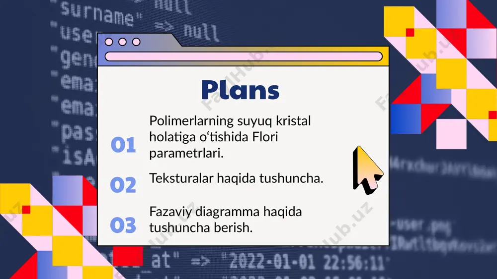 ddima**: teksturalar, polimerlarning fizik xususiyatlarini belgilaydi, shu jumladan mexanik mustahkamlik va issiqlik o'tkazuvchanligi. ularning tuzilishi, polimerning qattiq yoki suyuq kristall holatida qanday xulq-atvor ko'rsatishini belgilaydi. **o'rni**: teksturalar polimerlarning suyuq kristall holatiga o'tish jarayonida muhim ahamiyatga ega, chunki ular polimerlarning barqarorligi va ishlashini ta'minlaydi. ular suyuq kristall holatidagi xususiyatlar, masalan, optik va mexanik xususiyatlarida o'zgarishlarga olib kelishi mumkin. teksturalarning turlari birlamchi teksturalar polimerlar boshlang'ich holatida mavjud bo'ladi. ushbu teksturalar materialning asosiy xususiyatlarini belgilaydi va uning fizikaviy xususiyatlariga ta'sir qiladi. ikkinchi darajali teksturalar o'zgarishlar va tashqi ta'sirlar natijasida paydo bo'ladi. bular, masalan, harorat yoki bosim o'zgarishi natijasida yuzaga keladigan yangi strukturalardir. morfologik teksturalar polimerlarning ichki tuzilishini ko'rsatadi. ular materiallarning mikrostrukturasini o'rganishda muhim ahamiyatga ega bo'lib, polimerlarning xususiyatlarini tushunishga yordam beradi. 02 01 03 teksturalarning ahamiyati fizik xususiyatlar teksturalar polimerlarning mexanik va termal xususiyatlarini sezilarli darajada ta'sir qiladi. ularning strukturasidagi o'zgarishlar, materialning kuchlanishiga, elastikligiga va issiqlikka qarshi chidamliligiga ta'sir ko'rsatadi. suyuq kristall holatidagi …