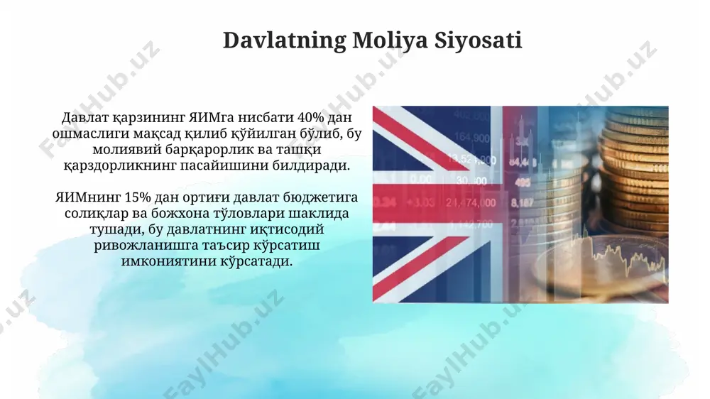 oblanadi. buyuk britaniyada soliq tizimining murakkabligi va turli soliqlarning mavjudligi, masalan, qo'shilgan qiymat solig'i (vat) 20%, biznesni rejalashtirishni murakkablashtiradi. kelajakdagi tendentsiyalar 2025 йилга бориб, fintech компанияларининг бозор улуши 15% гача ўсиши ва анъанавий молия институтларига жиддий рақобат туғдириши кутилмоқда. esg (экологик, ижтимоий ва корпоратив бошқарув) инвестицияларининг ўсиши кузатилиб, 2030 йилгача жами инвестицияларнинг 30% дан ортиғини ташкил этиши мумкин. banklar va moliyaviy institutlar buyuk britaniyada faoliyat yuritadigan ko'plab xalqaro banklar va moliyaviy institutlar mavjud bo'lib, ularning soni yuzlabni tashkil etadi va global moliya bozorlarida muhim rol o'ynaydi. qirollik banki (bank of england) buyuk britaniyaning markaziy banki sifatida pul-kredit siyosatini boshqaradi va milliy valyuta kursi barqarorligini ta'minlaydi, shuningdek, 2023 yilda inflyatsiyani 2% atrofida ushlab turishni maqsad qilgan. qimmatli qog'ozlar bozori londondagi fond birjasi (lse) jahon miqyosidagi yirik qimmatli qog'ozlar bozorlaridan biri hisoblanib, 3000 dan ortiq kompaniyaning aktsiyalari bilan savdo qilinadi. qimmatli qog'ozlar bozorida 2022-yilda 1 trillion aqsh dollaridan ortiq savdo hajmi kuzatildi, …