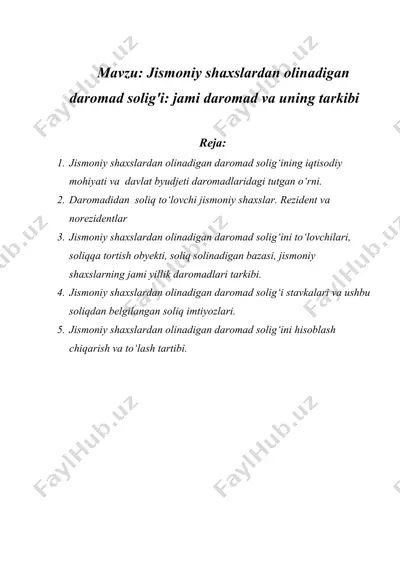 jismoniy shaxslardan olinadigan daromad solig'i jami daromad va uning tarkibi — DOCX