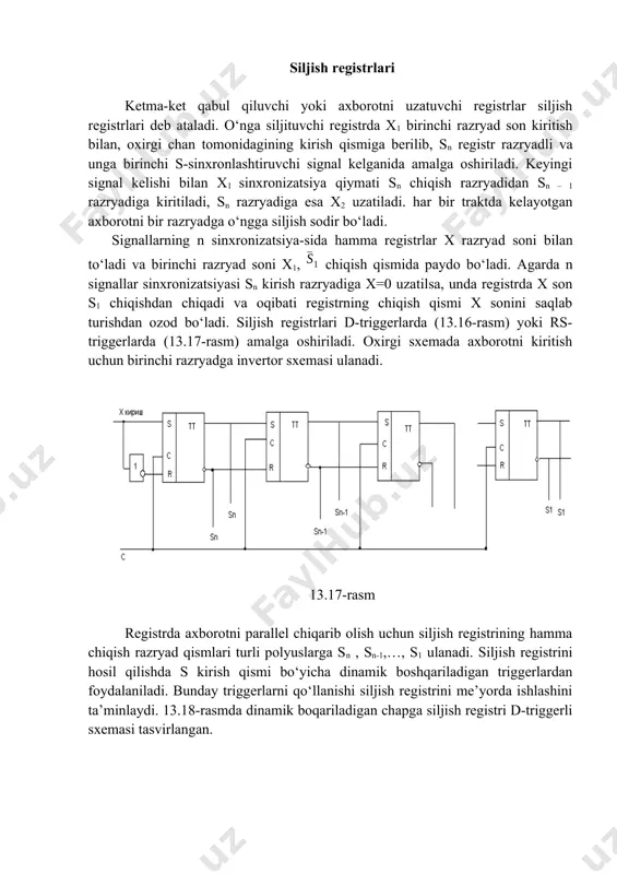 i razryadga invertor sxemasi ulanadi. 13.17-rasm registrda axborotni parallel chiqarib olish uchun siljish registrining hamma chiqish razryad qismlari turli polyuslarga sn , sn-1,…, s1 ulanadi. siljish registrini hosil qilishda s kirish qismi bo‘yicha dinamik boshqariladigan triggerlardan foydalaniladi. bunday triggerlarni qo‘llanishi siljish registrini me’yorda ishlashini ta’minlaydi. 13.18-rasmda dinamik boqariladigan chapga siljish registri d-triggerli sxemasi tasvirlangan. 13.18-rasm 13.19-rasm siljish sxemasi unga va chapga kombinatsiyalab va boshqarish signalidan foydalanib, siljish registrini ikkala yo‘nalishda ham qurish mumkin. bunday (13.19-rasm) registr reversiv deb ataladi. boshqaruvchi kirish v1 qismiga beruvchi signal berilsa, siljash sxemasi o‘ng tomonga ulanadi. reversiv registr bu holda o‘ngga siljish registriga aylanadi. boshqaruvchi kirish v2 qismiga beruvchi signal berilsa, siljish sxemasi chap tomonga ulanadi. reversiv registr bu holda chapga siljish registriga aylanadi. chapga va o‘ngga siljish registrlarida iikilik kodi razryadlari registr razryadi chegarasidan ortadi. agarda chetki o‘ng razryad registrini chekka chap razrya kirish qismi bilan ulansa, bunda (siklik) xalqasimon siljish registrini hosil qilinadi. …