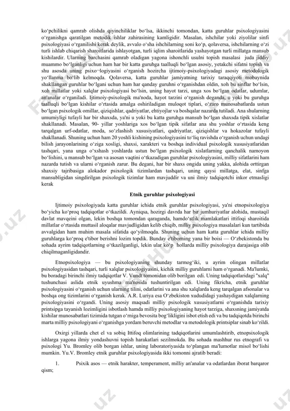 turlicha klassifikatsiya qiladilar. v.m.karimovaning ''ijtimoiy psixologiya asoslari" o‘quv qo‘llanmasida guruhlarning asosiy turlari keltirilgan. guruhlar avvalo shartli va real guruhlarga bo‘linadi. real guruhlar aniq tadqiqot maqsadlarda to‘plangan laboratoriya tipidagi hamda tabiiy guruhlarga bo‘linadi. konkret faoliyat va odamlarning tabiiy ehtiyojlari asosida tashkil bo‘ladigan bunday tabiiy guruhlarning o‘zi kishilarning soniga qarab katta, kichik guruhlarga bo‘linadi. katta guruhlar uni tashkil etuvchilarning maqsadlari, fazoviy joylashishlari, psixologik xususiyatlarnga qarab uyushgan va uyushmagan turlarga, kichiklari esa o‘z navbatida, endi shakllanayotgan - diffuz hamda taraqqiyotning yuksak pog‘onasiga ko‘tarila olgan jamoa turlariga bo‘linadi. guruhlarning ijtimoiy psixologiya uchun ayniqsa, muhim hisoblangan turlariga ta'rif berish va ularning psixo¬logik qonuniyatlarini o‘rganishni maqsad qilib qo‘ygan holda, bevosita katta guruhlarning ijtimoiy-psixologik qonuniyatlarini o‘rganishga o‘tamiz. katta guruhlar psixologiyasiga xos xususiyatlar va ularni ilmiy tadqiq etish shartlari katta guruhlar kishilarning shunday birlashmalariki, undagi odamlar soni ko‘pchilikni tashkil etib, ma'lum sinfiy, ilmiy, irqiy, professional belgilar ularning shu guruhga mansubligini ta'minlaydi. katta guruhlarni tashkil etuvchilar ko‘p sonli bo‘lganligi …
