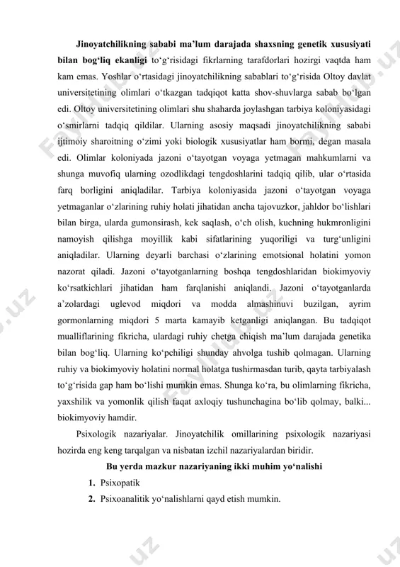 a ko‘ra, bu olimlarning fikricha, yaxshilik va yomonlik qilish faqat axloqiy tushunchagina bo‘lib qolmay, balki... biokimyoviy hamdir. psixologik nazariyalar. jinoyatchilik omillarining psixologik nazariyasi hozirda eng keng tarqalgan va nisbatan izchil nazariyalardan biridir. bu yerda mazkur nazariyaning ikki muhim yo‘nalishi 1. psixopatik 2. psixoanalitik yo‘nalishlarni qayd etish mumkin. birinchi yo‘nalish shaxsning jinoyat sodir etishga psixopatik tarzda moyilligidan, ya’ni ruhiy sog‘liq xususiyatidan kelib chiqadi. nemis psixiatri kurt shneyder o‘zining «psixopatik shaxslar» asarida psixopatlarning 10 tipini qayd etib o‘tgan. uning fikricha, shu tiplardan kamida 7 tasi g‘ayriijtimoiy qilmish sodir etishga muayyan darajada moyildir (xususan, melanxoliklar va xoleriklar). boshqa bir nemis psixiatri ernest krechmer (1899-1964) jinoyatchilarning quyidagi tiplarini farqlaydi: piknik tip (katta gavdali, kalta oyoqli odamlar); lepotosomik yoki astenik tip (uzun bo‘yli, og‘irligi uncha katta bo‘lmagan odamlar); displastik tip (umumiy rivojlanishda muayyan anomaliyalar mavjud odamlar); atletik tip (tanasi proporsional jihatdan yaxshi rivojlangan odamlar). biroq, e. kerchmer o‘z tasnifida antropologik nazariya g‘oyalariga, xususan, jinoyatchilarni tashqi …