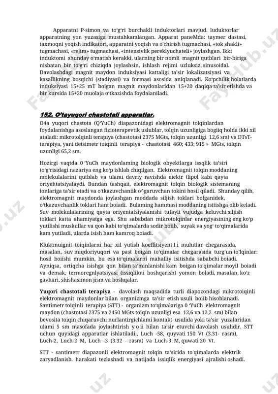 ish mumkin (3.29 - rasm). apparatni p-simon va to‘g‘ri burchakli induktorlari mavjud. luduktorlar apparatning yon yuzasiga mustahkamlangan. apparat panemda: taymer dastasi, taxmoqni yoqish indikatori, apparatni yoqish va o'chirish tugmachasi, «tok shakli» tugmachasi, «rejim» tugmachasi, «intensivlik pereklyuchateli» joylashgan. ikki induktomi shunday o‘matish kerakki, ularning bir nomli magnit qutblari bir-biriga nisbatan bir to‘g‘ri chiziqda joylashsin, ishlash rejimi uzluksiz, sinusoidal. davolashdagi magnit maydon induksiyasi kattaligi ta’sir lokalizatsiyasi va kasallikning bosqichi (stadiyasi) va formasi asosida aniqlanadi. ko‘pchilik holatlarda induksiyasi 15+25 mt boigan magnit maydonlaridan 15+20 daqiqa ta’sir etishda va bir kursida 15+20 muolaja o‘tkazishda foydaianiladi. 152. o’tayuqori chastotali apparatlar. o4a yuqori chastota (q‘yuch) diapazonidagi elektromagnit tolqinlardan foydalanishga asoslangan fizioterapevtik uslublar, tolqin uzunligiga bogiiq holda ikki xil ataladi: mikrotolqinli terapiya (chastotasi 2375 mgts, tolqin uzunligi 12,6 sm) va dtst-terapiya, yani detsimetr toiqinli terapiya - chastotasi 460; 433; 915 » mgts, tolqin uzunligi 65,2 sm. hozirgi vaqtda 0 ‘yuch maydonlaming biologik obyektlarga issqlik ta’siri to‘g‘risidagi nazariya …