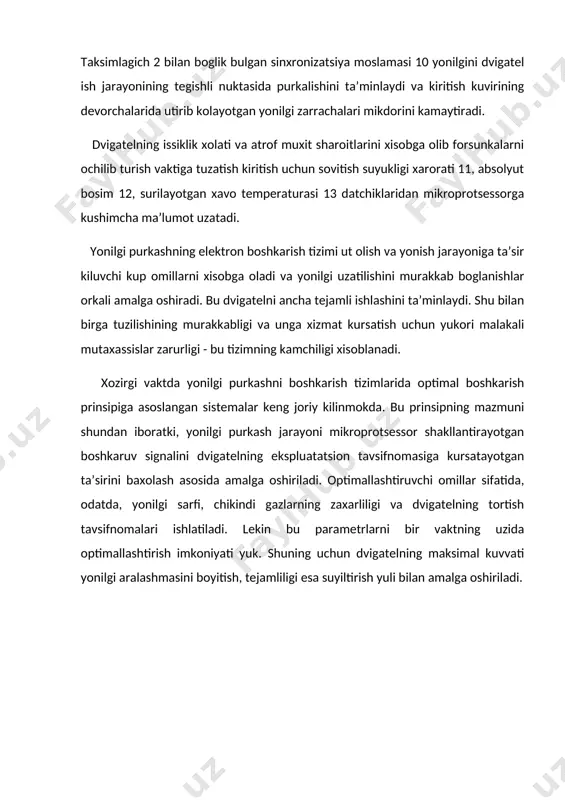 lash uchun kislorod datchigi ((-zond) ishlatiladi. bu datchik dvigatelni chikarish kollektoriga urnatilib, u chikindi gazlar tarkibidagi kislorodning mikdoridan ta’sirlanadi. kislorod mikdorini xavoning ortiklik koeffitsiyentiga proporsionalligidan foydalanib yonilgi-xavo aralashmasining xolati aniklanadi. yonilgi-xavo aralashmasini tarkibini teskari aloka yordamida boshkarish tizimining sxemasi 141-rasmda keltirilgan. 3 komponentli katalitik neytrallagich 12 yordamida chikindi gazlardagi zaxarli moddalar so, ns va no dan yukori darajada tozalanishini ta’minlash uchun dvigatelni turli rejimlarida xavoni ortiklik koeffitsiyentini anik rostlab, yonilgi aralashmasini tarkibini stexiometrik nisbatga maksimal yakinlashtirish zarur. chikarish kollektoriga urnatilgan kislorod datchigi 13 (( - zond) yordamida chikindi gazlar tarkibidagi kislorod mikdori aniklanadi va bu signal elektron boshkarish blokiga (ebb) uzatiladi. agar yonilgi aralashmasining tarkibi stexiometrik nisbatdan fark kilsa, ebb dvigatelga uzatilayotgan yonilgi mikdorini uzgartirish xisobiga yonilgi aralashmasi tarkibini stexiometrik tarkibga yakinlashtiradi. uzdeuavto kushma korxonasining neksia rusumli avtomobil dvigatellarida xam silindrlarga yonilgi uzatishning optimal boshkarish tizimi ishlatilgan bulib u kup nuktali yonilgi purkash tizimi nomi bilan yuritiladi(142-rasm). kup nuktali yonilgi …