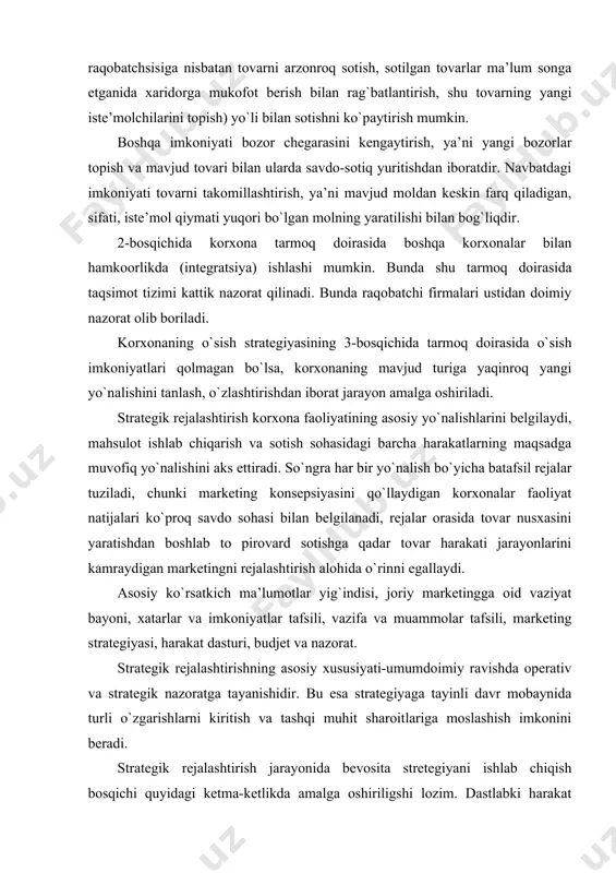 ashtirish korxonaning taktik rejasi strategik rejasining bir qismi bo`lib, unga qo`yilgan maqsadlarga erishishning vositalari, usullari aniqlanadi. agar strategik rejalashtirishni asosiy mezoni uzoq muddatlilik hisoblansa, unda marketingni taktik rejalashtirishda o`rta muddatli strategik chora-tadbirlar amalga oshiriladi. marketingni operativ rejalashtirishning mezoni bo`lib qisqa muddatlilik hisoblanadi. taktik rejalarda umumiy sotish rejasi, har bir tovar guruhi bo`yicha ta’minot va sotish rejasi, daromadlar rejasi, xarajatlar rejasi, foyda rejasi, savdo uchun zarur jixozlar, asbob-uskunalar bilan ta’minlanish rejasi, bozorning hozirgi holatiga baho berish, korxona imkoniyatlari va xavf-xatarlari ifodalanadi. taktik rejalarda o`tgan yildagi ko`rsatkichlardan, jumladan korxonaning tovar aylanmasi ko`rsatkichidan o`sish, ustunlikka ega bo`lish mo`ljallansa, bu o`sishga imkon beruvchi vositalar (xususan, sotishni rag`batlantirish, reklama va boshqalar) ham keltiriladi. bozordagi sotiladigan tovarlar xaridori, asosiy segmenti, iste’molchilarning zarurati, raqobatchilar va mol taqsimoti yo`llari ko`rsatib beriladi. ayniqsa korxonani faoliyat davomida ko`tayotgan xavf-xatarini bilish, imkoniyatlarini aniqlash muhimdir. korxona rahbariyati bularni doim diqqat markazida saqlashi va xavf xatarning salbiy ta’siri oldini olish choralarini izlashi kerak. …