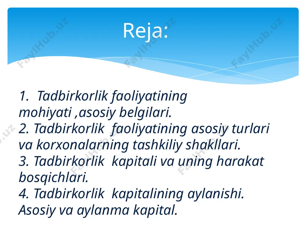 igiga guvohlik beruvchi qimmatli qog`ozdir. aksiya o`z egasi korxonani boshqarishda qatnashish va jamiyat tugatilganda uning mulkiga sheriklik huquqini ham beradi. aksiyaning nominal qiymati – aksiyada ifodalangan pul summasidir, aksiya kursi uning qimmatli qog`ozlar bozorida sotiladigan bahosidir. aksiya kursi dividend miqdorining (d) bank foizi stavkasiga (ch’) bo`lish yo`li bilan aniqlanadi. aksiya kursi = ----------- x 100 d ch’ obligatsiya – uning egasi aksionerlik jamiyatga doimiy foiz shaklida daromad olish sharti bilan pul qo`yganligidan guvohlik beruvchi qimmatli qog`ozdir. ta`sischilik foydasi – aksionerlik jamiyatlarini ta`sis etuvchilar o`zlashtiradigan daromad shakli bo`lib, u sotilgan aksiyalar summasi va jamiyatga haqiqatda qo`yilgan mablag` miqdori o`rtasidagi farqdan kelib chiqadi. menejment – ilmiy bilishning alohida sohasi bo`lib, boshqarish san`ati va mahorati haqidagi fandir. menejer – bu malakali ish boshqaruvchi. marketing – istiqbolni ko`zlab bozorni asosli o`rganish. reklama – bu tovarlar, xizmatlar, korxona haqidagi qisqacha va nafis rasmiylashtirilgan ma`lumotlarni potensial iste`molchilarga yetkazoshga yo`naltirilgan tadbirlar tizimi. oldindan ko`rish (istiqbolni o`rganish va …