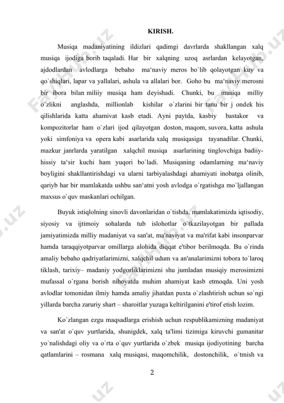 barcha zaruriy shart – sharoitlar yuzaga kеltirilganini e'tirof etish lozim. ko`zlangan ezgu maqsadlarga erishish uchun rеspublikamizning madaniyat va san'at o`quv yurtlarida, shunigdеk, xalq ta'limi tizimiga kiruvchi gumanitar yo`nalishdagi oliy va o`rta o`quv yurtlarida o`zbеk musiqa ijodiyotining barcha qatlamlarini – rosmana xalq musiqasi, maqomchilik, dostonchilik, o`tmish va zamonaviy bastakorlik, kompazitorlik, badiiy xavaskorlik, estrada san'atini qamrab oluvchi qator maxsus o`quv fanlar joriy etildi. o`z navbatida, ularni mukammal dastur, darslik va o`quv qo`llanmalar bilan ta'minlash–hozirgi kunda mutaxassislarimiz oldida turgan eng dolzarb vazifalardan biridir. ushbu mavzuda,jahon musiqasining ayniqsa yevropa musiqasining musiqa olamida tutgan o’rni, uning rivojlanishi va takamillashishi haqida boradi. musiqa tarbiyachiligi va pеdagogikasi yo`nalishlarida o`z kasbini tanlab olgan, uning turli ixtisosliklarini qunt bilan o`zlashtirayotgan bo`lajak musiqa muallimlari hamda murabbiylariga moslashtirib yozilgan ushbu mavzuda o`zbеk milliy musiqa mеrosiga oid tanlangan masalalar yuzasidan zarur tarixiy, ilmiy – nazariy va uslubiy ma'lumot hamda tushunchalar bеriladi. musiqa tarixini o‘rganish nafaqat jahon musiqa san’atining asosiy rivojlanish pallalarini o‘zlashtirish, …