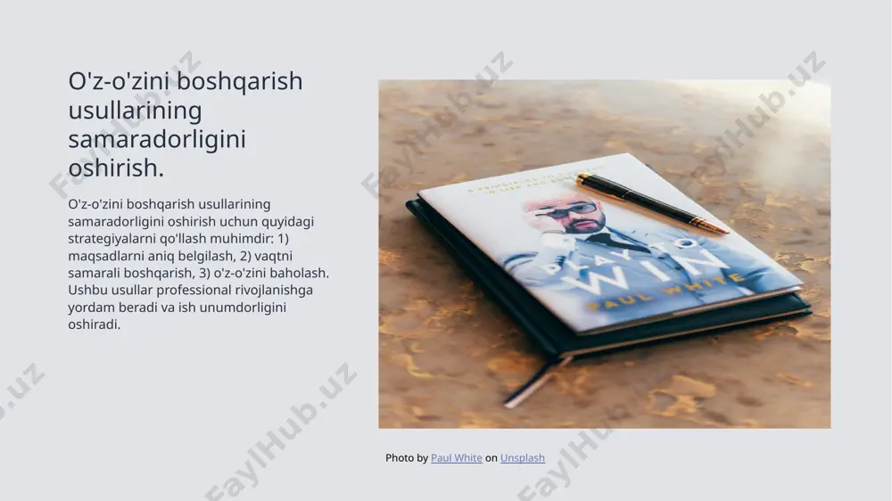 y oladilar. 2 motivatsiya va vaqtni boshqarish motivatsiya va vaqtni boshqarish, ish unumdorligini oshirishda muhim rol o'ynaydi. samarali rejalashtirish, ish jarayonini yengillashtiradi va natijalarni yaxshilaydi. 3 innovatsion strategiyalarni qo'llash innovatsion strategiyalar orqali kasbiy ko'nikmalarni rivojlantirish mumkin. bu, o'z-o'zini boshqarishni kuchaytiradi va yangi imkoniyatlar yaratadi. e'tiboringiz uchun rahmat! image1.jpg image2.jpg image3.jpg /docprops/thumbnail.jpeg