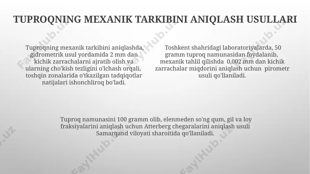 n. sug'orishning ko'pligi (masalan, 50% dan ortiq namlik) samarqand viloyati sharoitida tuproqning mexanik tarkibini, ayniqsa, gilning dispersiyasini oshirib, tuproqning yopishqoqligini kuchaytirishi mumkin. tuproq zarrachalarining o'lchamlari va guruhlari qum zarrachalari 0,05 mm dan 2 mm gacha bo'lib, ularning miqdori farg'ona vodiysidagi tuproqlarning suv o'tkazuvchanligiga sezilarli ta'sir ko'rsatadi. 0,002 mm dan 0,05 mm gacha bo'lgan zarrachalar gil deb ataladi va namangan viloyatining unumdor tuproqlari tarkibida muhim rol o'ynaydi. tuproq zarrachalarining o'lchamlari 2 mm dan katta bo'lsa, ular quruqlikdagi toshlar yoki shag'allar deb tasniflanadi va o'zbekistonning cho'l hududlarida ko'p uchraydi. turli tuproq tiplarining mexanik tarkibi o'zbekistonning farg'ona vodiysidagi tuproqlarning 60% gacha qismi qumloq tuproqlardan iborat bo'lib, ularning mexanik tarkibida 50-70% qum va 15-30% loy mavjud. namangan viloyatining tog'li hududlarida uchraydigan qora tuproqlarning mexanik tarkibida 30-40% gil, 25-35% qum va qolgan qismi esa mayda tosh va shag'al kabi krupnozarrarchalarni tashkil etadi. toshkent viloyati hududida tarqalgan bo'z tuproqlarning mexanik tarkibi 40-60% o'rtacha o'lchamli qumdan, 20-30% …