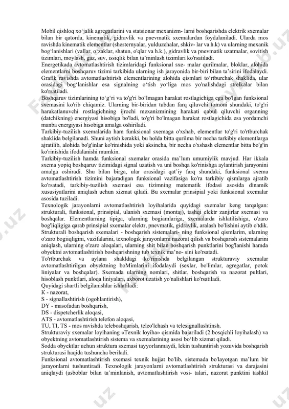 siga tortilgan chiziqlar bilan ko'rsatiladi. birlashtirilgan sxemalarning afzalligi shundaki, ular o'qish uchun qulay, kam elementli, bog'lanishlar uchun oddiy ko'rinishga ega bo'ladi. tarqatiigan sxemalarda elementlarning tarkibiy qismlari orasidagi bog'lanishlarning shartli belgilari sxemaning turli joylarida ifodalanishi mumkin. odatda, alohida elementlarning bog'lanish ketma-ketligi bir fazadan boshqasiga yoki tokni oqib o'tish zanjirida musbatdan manfiyga qarab yo'naltiriladi. bitta zanjirga ulangan elementlar bir-biri bilan ketma-ket ravishda to'g'ri chiziq asosida, alohida zanjirlar esa parallel, gorizontal yoki vertikal qatorlar ko'rinishida ifodalanadi. bu turdagi sxemalar doimiy kuchlanishli, o'zgaruvchan kuchlanishli va o'zgaruvchan tokli zanjirlar uchun alohida bajariladi. elementlarni topishni osonlashtirish uchun qatorlarni ketma-ket o'sib boruvchi sonlar bilan belgilanadi ko'p hollarda doimiy tokli sxemalarda musbat qutbli zanjiriarni boshlang'ich qismi toq sonlar bilan, manfiy qutbli tarafi juft sonlar bilan belgilanadi. tarqatiigan sxemalar soddaligi, elementlarning ta’sir maydoni ko'rinib turishi, uzilish joylarini tez topish mumkinligi bilan ajralib turadi. qo'shish, biriktirish sxemalari qurilmaning alohida qismla- rining tashqi ulanishi yoki qurilma ichidagi alohida elementlar orasidagi bog‘lanishni …