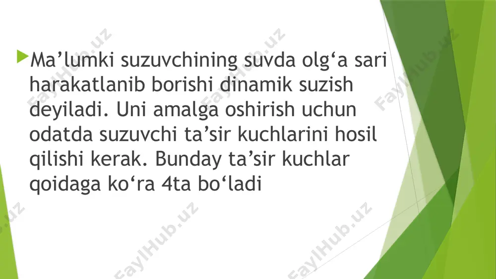 kuchi va va qayishqoqligining roli o’z-o’zidan ayon. bularni bilganimiz holda, endi suvning o’z tabiati, suvda muallaq turish va harakatlanish qonuniyatlari haqida to’xtab o’tsak. siz bu kurchgacha gidrostatika va gidrodinamika tushunchalarini anglab etgansiz. shunday bo’lsa ham, ular xususida qisqacha eslatib o’tishni lozim topdik. demak gidrostatika suzuvchi tanasining suvdagi muvozanatni ifodalasa, gidrodinamika suzuvchi tanasining suvdagi muvozanatini, harakatini ifodalaydi. shundan kelib chiqib, suzuvchining muayyan harakatlari majmuasi natijasida uning suvda oldinga siljib borishiga dinamik suzish deyiladi. gidrodinamikadan dinamik suzish kelib chiqqanidek, gidrostatikadan statik suzish kelib chiqadi. buni quyidagicha izohlash mumkin. masalan, odam gavdasi hech bir harakatlanmay ham ma’lum vaqt mobaynida suvda qalqib tura oladi, suvda cho’milganlarning barchasi buni yaxshi biladi. xuddi mana shu ma’lum vaqt davomida odam gavdasining suv betida yohud uning biror qatlamida muallaq turish holati yuqorida tilga olgan statik suzish bo’ladi. keyinroqda bular haqida alohida to’xtalib o’tamiz. hozir esa suvning, ya’ni tabiati ya’ni fizik xossalari xususida suhatlashamiz. hozir esa suvning, ya’ni tabiati …