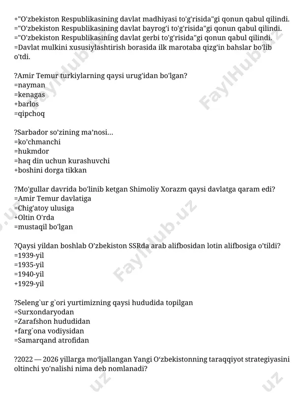 -oktyabr =1991-yil 21-oktyabr +1989-yil 21-oktyabr ?o’zbеkiston respublikasi parlamеnti nеchta palatadan iborat? =4 palatadan +2 palatadan =3 palatadan =5 palatadan ?qo’qon xonligi qachon tugatildi va uning o’rnida skobelov (farg’ona) viloyati tashkil etildi? =1878 yil =1874 yil +1876 yil =1880 yil ?o`zbekiston respublikasi birinchi prezidenti i.karimov o`zbekiston kompartiyasi markaziy komiteti birinchi sekretari sifatidagi faoliyatini qachondan boshlandi? =1989 yil 29 dekabrda =1989 yil 12 oktyabr =1989 yil 20 avgustda +1989 yil 23 iyunda ?jaloliddin manguberdining hayot faoliyati asari muallifi kim? +nasaviy =nishopuriy =husayniy =movardiy ?jaloliddin manguberdi ordeni qachon tashkil etilgan? =1996-yil =1998-yil +2000-yil =2001-yil ?quyidagilardan qaysi biri “qo`shchi” uyushmasining raisi bo’lgan? +y.oxunboboev =j.otaboyev =s.qosimxo`jaev =n.muhiddinov ?o`zssr fanlar akademiyasi qachon tashkil topgan? =1940 yil +1943 yil =1945 yil =1949 yil ?1930 yilda qatag’on qilingan sa’dulla qosimov kim bo`lib ishlagan? =o`zssr tibbiyot akademiyasi rektori =o`zssr marifatparvarlar xaql qo`mitasi rais o`rinbosari +o`zssr oliy sudi raisi =o`zssr oav boshqaruvchisi ?numizmatika =bitiktoshlar =tilshunoslik +tangashunoslik =qadimshunoslik ?qaysi yillarda o`zssr …