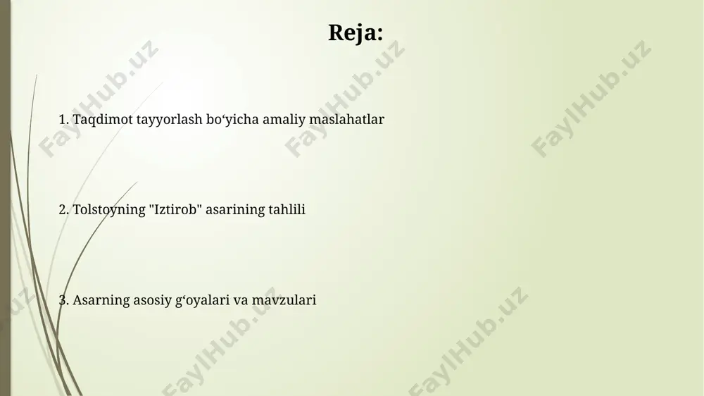 ushlikni, ya'ni ekzistensial inqirozning ta'rifini beradi. tolstoyning "iztirob" asari uning 50 yoshga yaqinlashganda, boylik va shuhratga qaramay, chuqur ruhiy inqirozga duch kelganini aks ettiradi, bu esa uning keyingi falsafiy qarashlariga katta ta'sir ko'rsatdi. "iztirob"ni o'qish va tahlil qilish bo'yicha tavsiyalar asarni 19-asr rus adabiyoti kontekstida, shu davrning falsafiy va diniy oqimlari bilan bog'lab tahlil qilish, chuqur tushunishga yordam beradi. "iztirob"ni tahlil qilishda, tolstoyning 3 ta asosiy mavzusiga – din, o'lim va gunohga – alohida e'tibor qarating va ularning o'zaro bog'liqligini aniqlang. asardagi asosiy mavzu va g'oyalar "iztirob"da insonning baxtga bo'lgan intilishi, 2 ta turli yo'l – dunyoviy va ma'naviy – taqqoslanib, ma'naviy yo'lning ustunligi ta'kidlangan. tolstoyning "iztirob" asarida insonning ma'naviy inqirozi, 3 ta asosiy bosqichda – shubha, izlanish va imon topish orqali tasvirlangan. e'tiboringiz uchun rahmat @taqdimot_robot image1.jpg image2.jpg image3.jpg image4.jpg image5.jpg image6.jpg image7.jpg