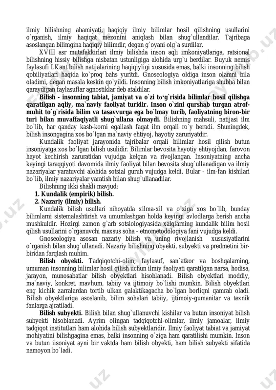 a o`zini qurshagan dunyoni idrok etishi orqali aks etadi. falsafada idrok etishni persepsiya (lotincha «perception» - idrok etish) deb atash odat tusini olgan. golfrid velgelm leybnits tashabbusiga ko`ra, persepsiya deb, o`zini qurshagan dunyodagi narsalar va hodisalarni sezgilar orqali idrok etishga aytiladi, borliqni aql bilan anglash, bilish va ularni g`oyalarda ifodalash esa apersepsiya deb ataladi. inson aqli bilish pillapoyasidan yuqoriga ko`tarilar ekan, har bir yangi pog`onada qayta-qayta quyidagi savolga javob topishga harakat qiladi: qanday qilib bilish mumkin, umuman dunyoni bilish mumkinmi? bilishning chegaralari bormi? bu savolga javob berishga urinishda uch asosiy yo`nalishni optimizm, skeptitsizm va agnostitsizmni farqlash mumkin. optimistlar dunyoni bilish mumkinligini ta`kidlaydilar, agnostiklar, aksincha, buni rad etadilar. skeptiklar esa, dunyoni bilish mumkinligini inkor etmaydilar, biroq bilimning haqiqiyligiga shubha bildiradilar. odatda, skeptitsizm paradigmalar, qadriyatlar, ijtimoiy tizimlar va hokazolar o`zgarayotgan davrda, ilgari haqiqiy deb hisoblangan xulosalar fan va amaliyot olgan yangi ma`lumotlar nuqtai nazaridan soxta, asossiz bo`lib chiqqan holda ravnaq topadi. skeptitsizm …