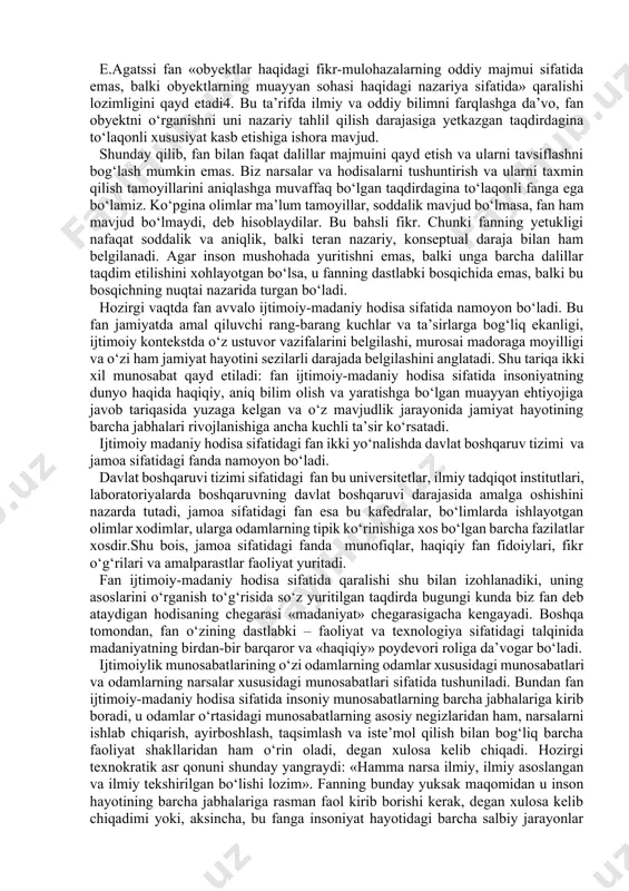 mini tashkil etadi. biroq o‘n minglab va hatto yuz minglab odamlar o‘z kasbini topgan institut sifatidagi fan yaqin o‘tmishdagi rivojlanish mahsulidir. zotan, faqat xx asrga kelib olim kasbi o‘z ahamiyatiga ko‘ra ruhoniy va qonunchi kasbi bilan tenglashdi. fan haqidagi fan asoschilaridan biri j.bernal fan tushunchasiga amalda ta’rif berish mumkin emasligini qayd etib, fanning mohiyatiga yaqinlashish imkonini beruvchi yo‘llarni belgilaydi. uning fikricha fan: 1) institut; 2) metod; 3) ilmiy an’analarning shakllanishi; 4) ishlab chiqarishning rivojlanish omili; 5) e’tiqodlar va insonning dunyoga munosabatini shakllantiruvchi eng kuchli omil sifatida namoyon bo‘ladi2. «amerika etimologik lug‘ati»da fanga «tabiiy hodisalarni kuzatish, tasniflash, tavsiflash, tajribada sinash va nazariy tushuntirish taomillarini ko‘rsatish vositasi» deb ta’rif berilgan3. bu ta’rif asosan amaliy xususiyat kasb etadi. e.agatssi fan «obyektlar haqidagi fikr-mulohazalarning oddiy majmui sifatida emas, balki obyektlarning muayyan sohasi haqidagi nazariya sifatida» qaralishi lozimligini qayd etadi4. bu ta’rifda ilmiy va oddiy bilimni farqlashga da’vo, fan obyektni o‘rganishni uni nazariy tahlil qilish …
