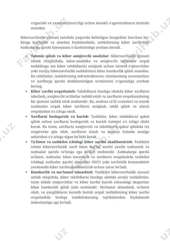 bu tuzumlar, yangi xavflovchi hodisalarni oldini olish, uzoq muddatli xavfni oldini olish va boshqa xavflovchi tuzumlar bilan kurashishni ta'minlaydi. · o'rganish va o'zgartirish: tashkilot o'z xavflovchi hodisalaridan o'rganib, kiberxavfsizlik siyosatini doimiy ravishda yangilab borishi kerak. xavflovchi hodisalardan o'rganilgan ma'lumotlar va tajribalar asosida, tashkilot o'z kiberxavfsizlik siyosatini takomillashtirishi, o'zgarishi va yaxshiroyinxo'rligi uchun kerakli o'zgartirishlarni kiritishi mumkin. kiberxavfsizlik siyosati tuzishda yuqorida keltirilgan bosqichlar barchasi bir-biriga bog'liqdir va ulardan foydalanilishi, tashkilotning kiber xavflovchi hodisalarga qarshi himoyasini o'zlashtirishga yordam beradi. · tahmin qilish va kiber aniqlovchi analizlar: kiberxavfsizlik siyosati ishlab chiqilishida, kiber-analitika va aniqlovchi tahlilatlar orqali tashkilotga xos kiber tahdidlarini aniqlash uchun tizimni o'qituvchilar yoki xorijiy kiberxavfsizlik tashkilotlari bilan hamkorlik qilish mumkin. bu tahlilatlar, tashkilotning infrastrukturasi, tizimlarining xususiyatlari va xavflarga qarshi shakllantirilgan ta'minotini o'rganishga yordam bering. · kiber xavfni ovqatlanish: tahdidlarni hisobga olishda kiber xavflarni isbotlash, aniqlovchi ta'tilatlar tashkil etish va xavflarni ovqatlanishning bir qismini tashkil etish muhimdir. bu, mahsus ta'lil vositalari va texnik …