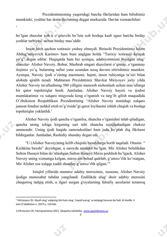 on husayn bilan do’stlashgan.sulton husayn mirzo podshoh bo’lgach, alisher navoiy uning xizmatiga kelgan, mirzo uni behad qadrlab, g’amxo’rlik ko’rsatgan, mir alisher esa xalqqa xuddi shunday g’amxo’rlik qilgan.”2 istiqlol yillarida mumtoz adabiy merosimiz, xususan, alisher navoiy ijodiga munosabat tubdan yangilandi. endilikda ulug' shoir adabiy merosini chuqurroq tadqiq etish, u ilgari surgan g'oyalarning falsafiy asoslarini teranroq anglash, asarlarida ifodasini topgan komil inson muammosi mohiyatini tushunishga alohida e'tibor berilmoqda. [footnoteref:2]o’zbekiston milliy ensklopediyasi. [2: 1 www. ziyouz.com. 1karimov i. yuksak ma’naviyat- yengilmas kuch. t. 2008. 68-bet.] singdirilgan insonparvarlik, xalqparvarlik, adolat, e'tiqod yetukligi,haqiqat, iymon, shukronalik, sabr-qanoat, kelajakka umidvorlik singari g'oyalar barcha davrlarda ham insoniyat ma'naviy kamoloti uchun muhimdir. respublikamizning birinchi prezidenti islom abduğaniyevich karimov mumtoz adabiyotimiz, xususan, alisher navoiy ijodiy merosini yuksak ma' naviy qadriyat sifatida alohida e'tirof etadilar. prezidentimiz alisher navoiyning xalqimiz ma'naviy taraqqiyotidagi xizmatlarini munosib baholab, shunday degan edilar: “ alisher navoiy xalqimizning ongi va tafakkuri, badiiy madaniyati tarixida butun bir davrni tashkil …